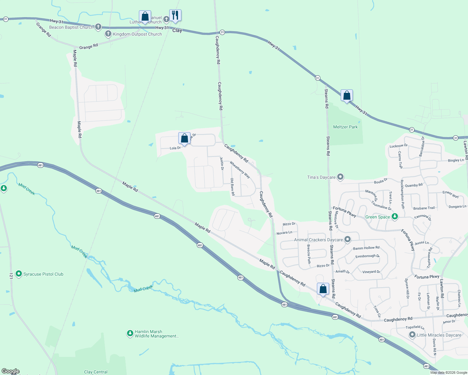 map of restaurants, bars, coffee shops, grocery stores, and more near 5119 Old Barn Road in Clay