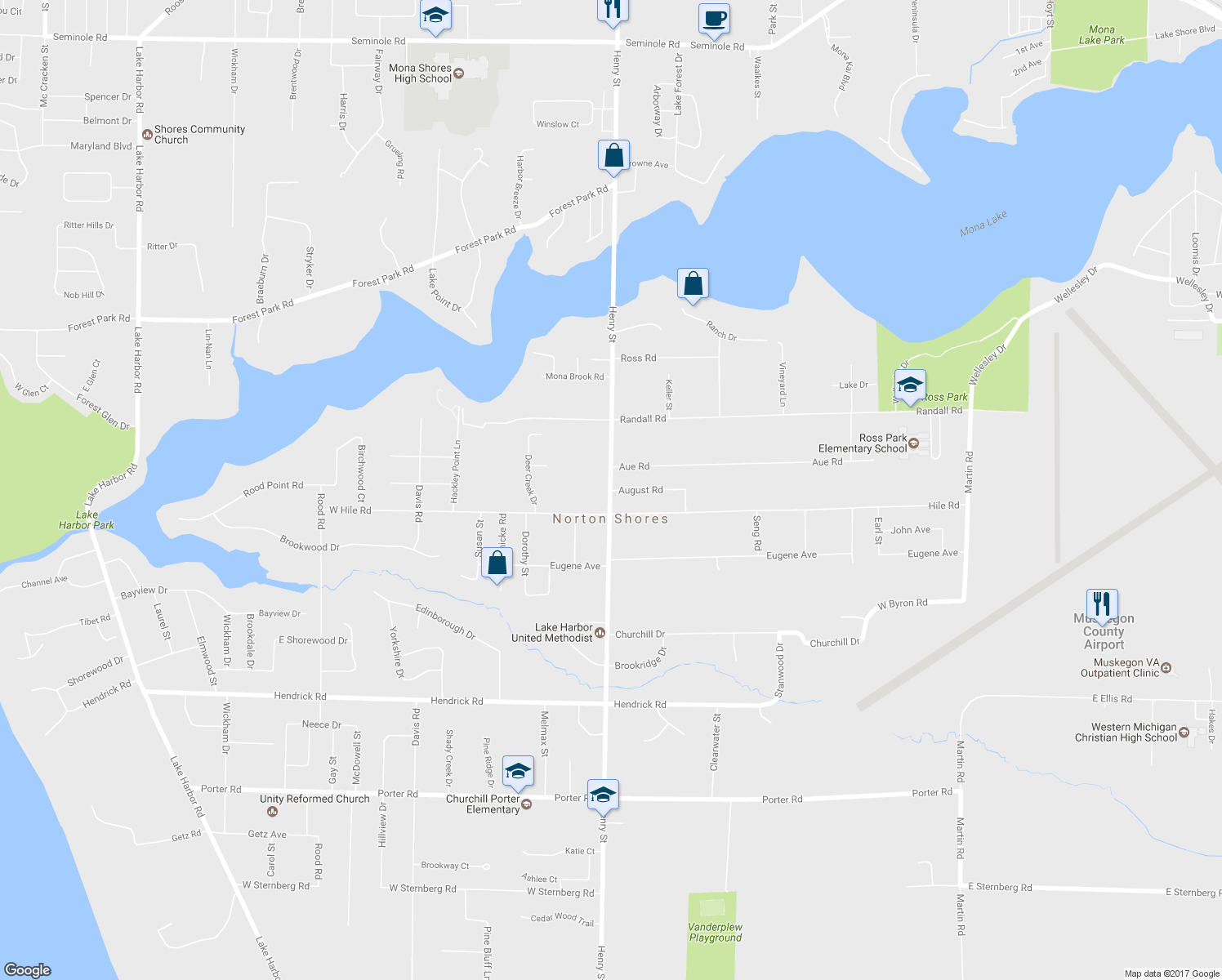 map of restaurants, bars, coffee shops, grocery stores, and more near 4592 August Road in Norton Shores