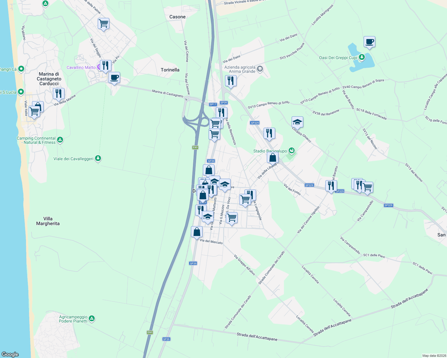 map of restaurants, bars, coffee shops, grocery stores, and more near 1A Piazza Europa in Donoratico
