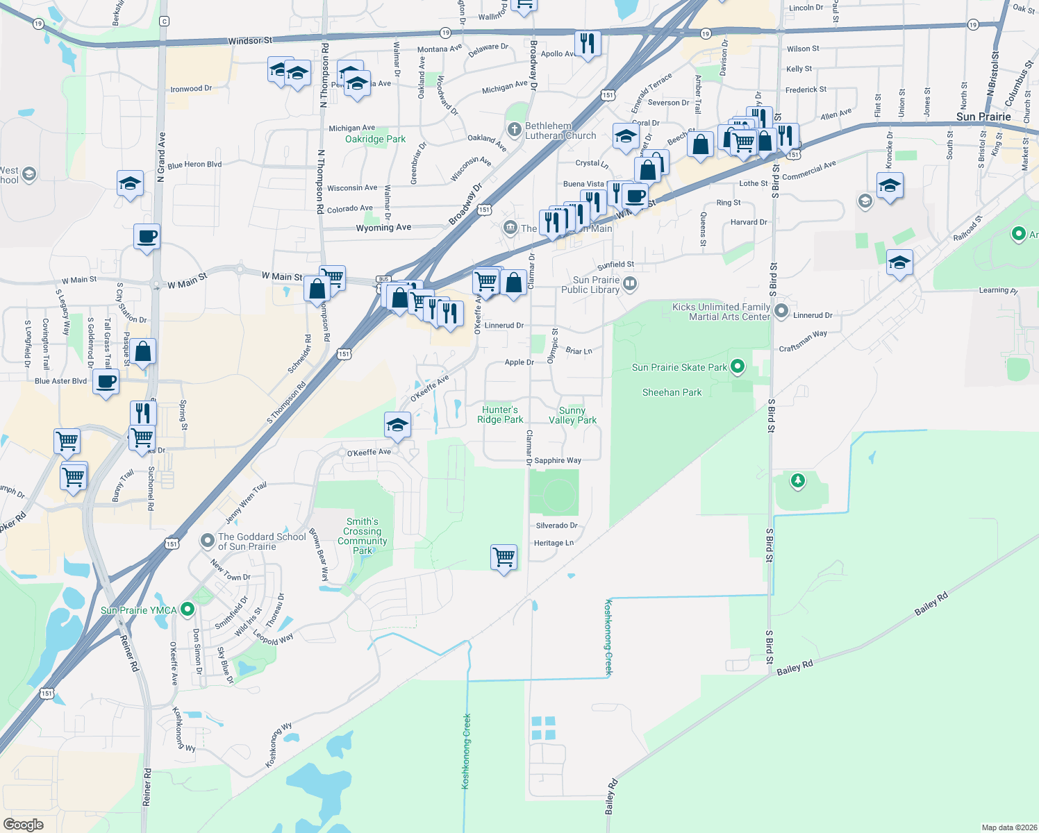 map of restaurants, bars, coffee shops, grocery stores, and more near 1716 Rustic Drive in Sun Prairie
