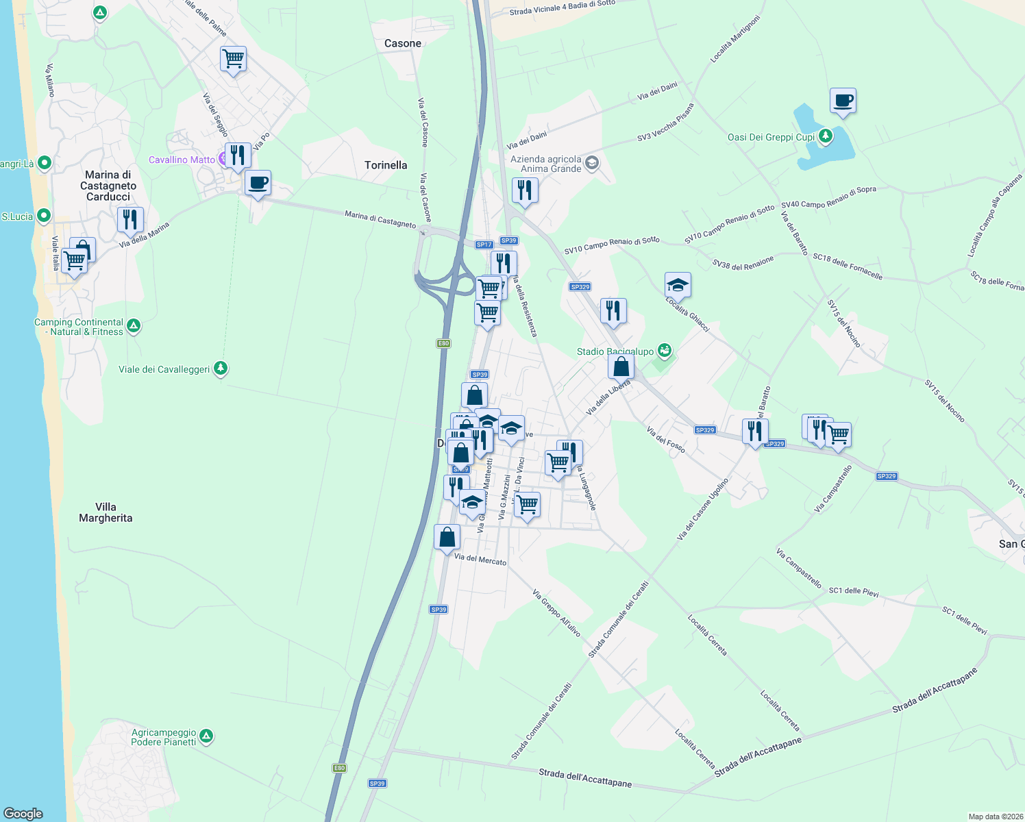 map of restaurants, bars, coffee shops, grocery stores, and more near 1A Piazza Europa in Donoratico