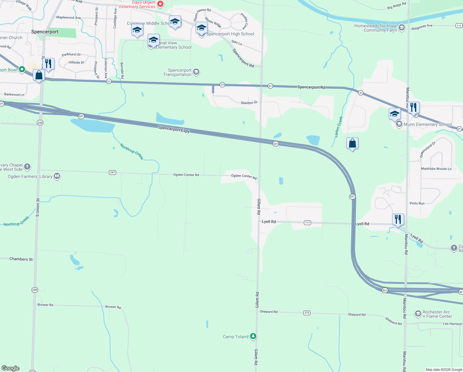 map of restaurants, bars, coffee shops, grocery stores, and more near 39 Ogden Center Rd in Spencerport