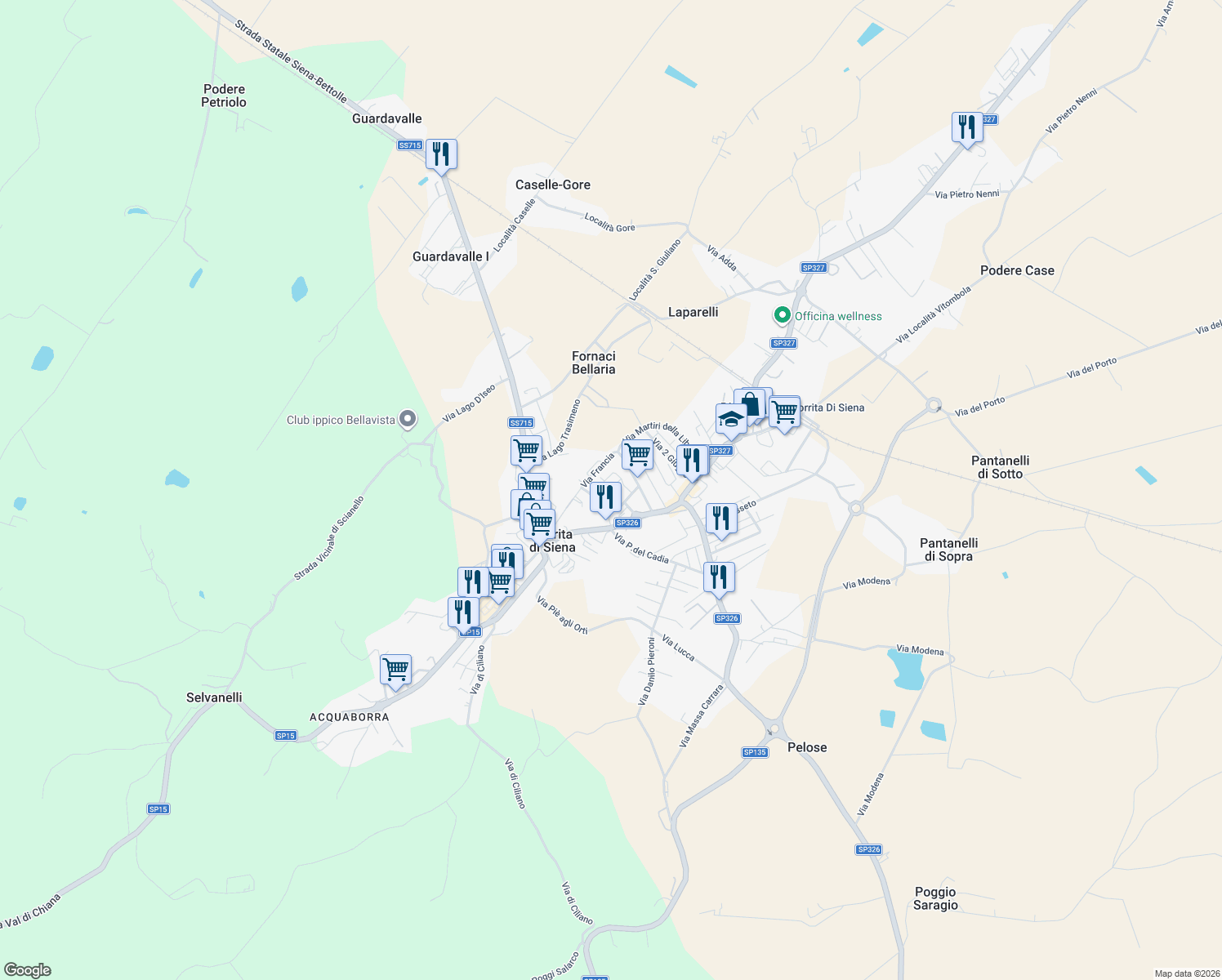 map of restaurants, bars, coffee shops, grocery stores, and more near 16 Via Austria in Torrita di Siena