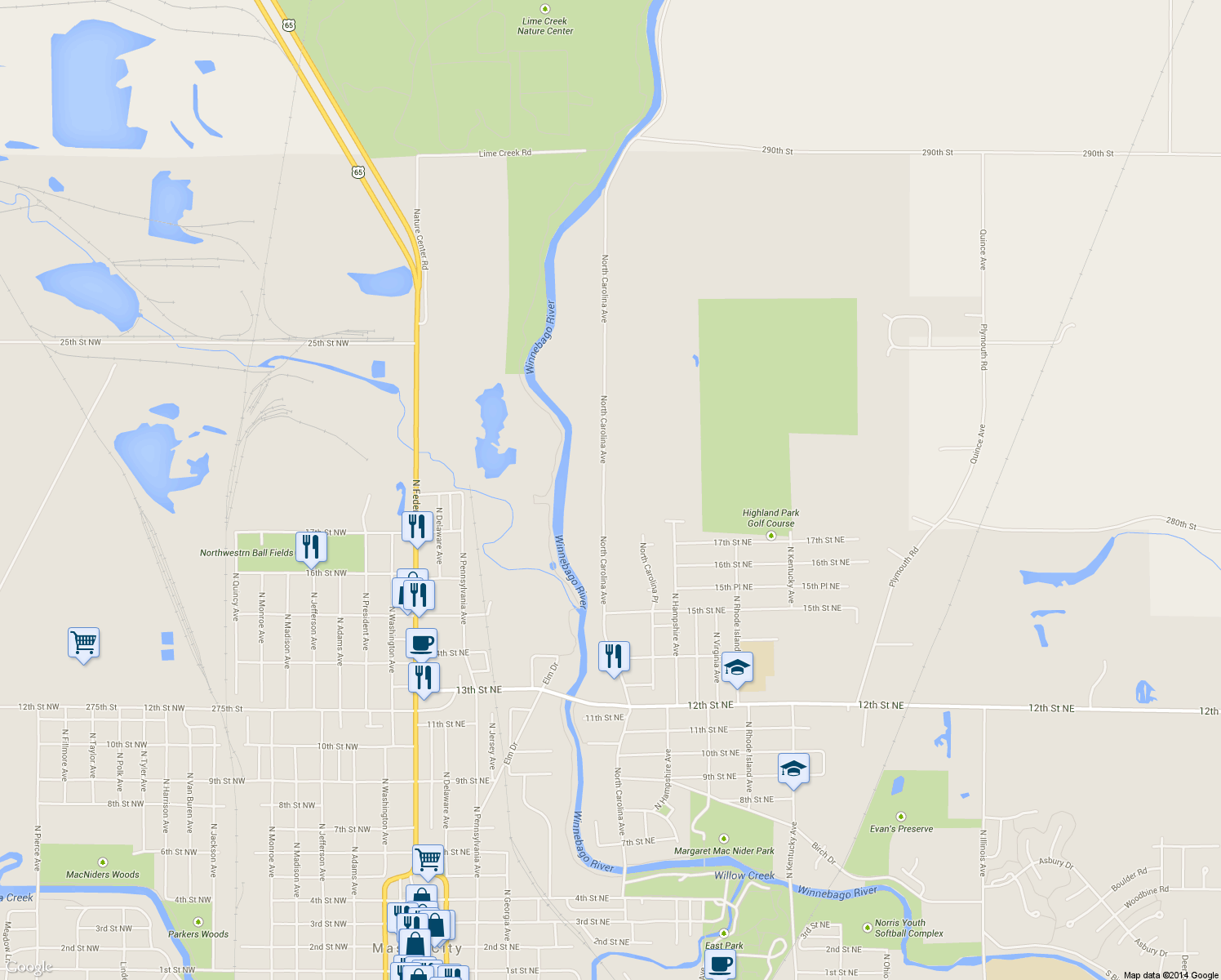 map of restaurants, bars, coffee shops, grocery stores, and more near 1827 North Carolina Avenue in Mason City