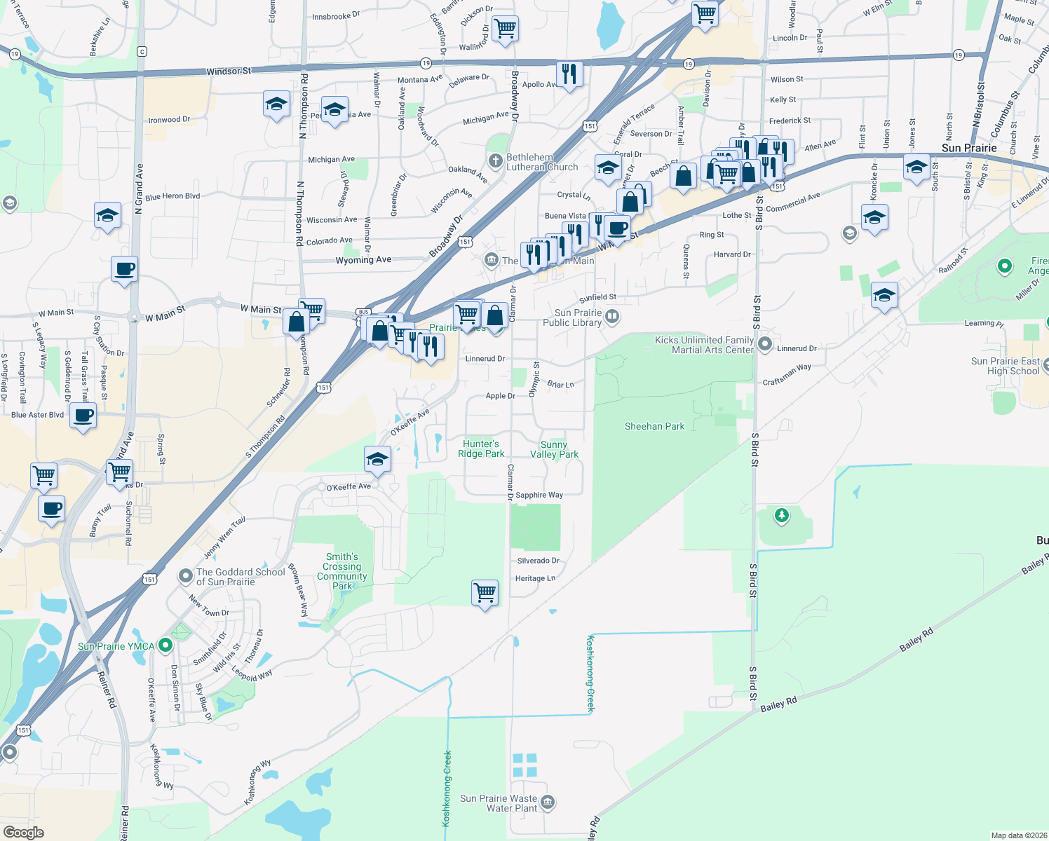 map of restaurants, bars, coffee shops, grocery stores, and more near 1609 Echo Drive in Sun Prairie