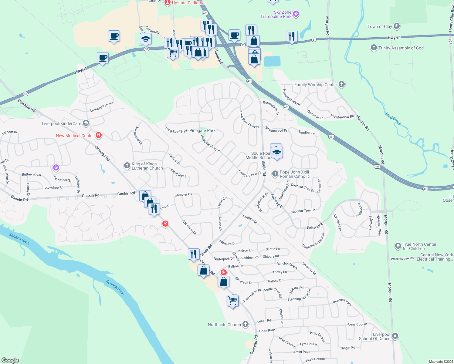 map of restaurants, bars, coffee shops, grocery stores, and more near 8321 White Cedar Cir in Liverpool