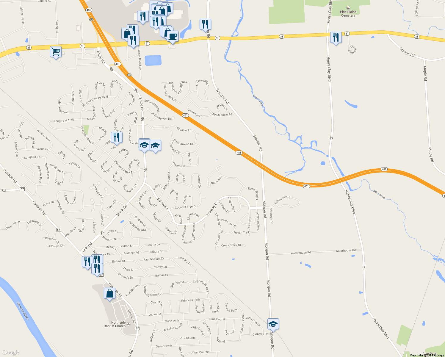 map of restaurants, bars, coffee shops, grocery stores, and more near 8261 Gabion Way in Liverpool