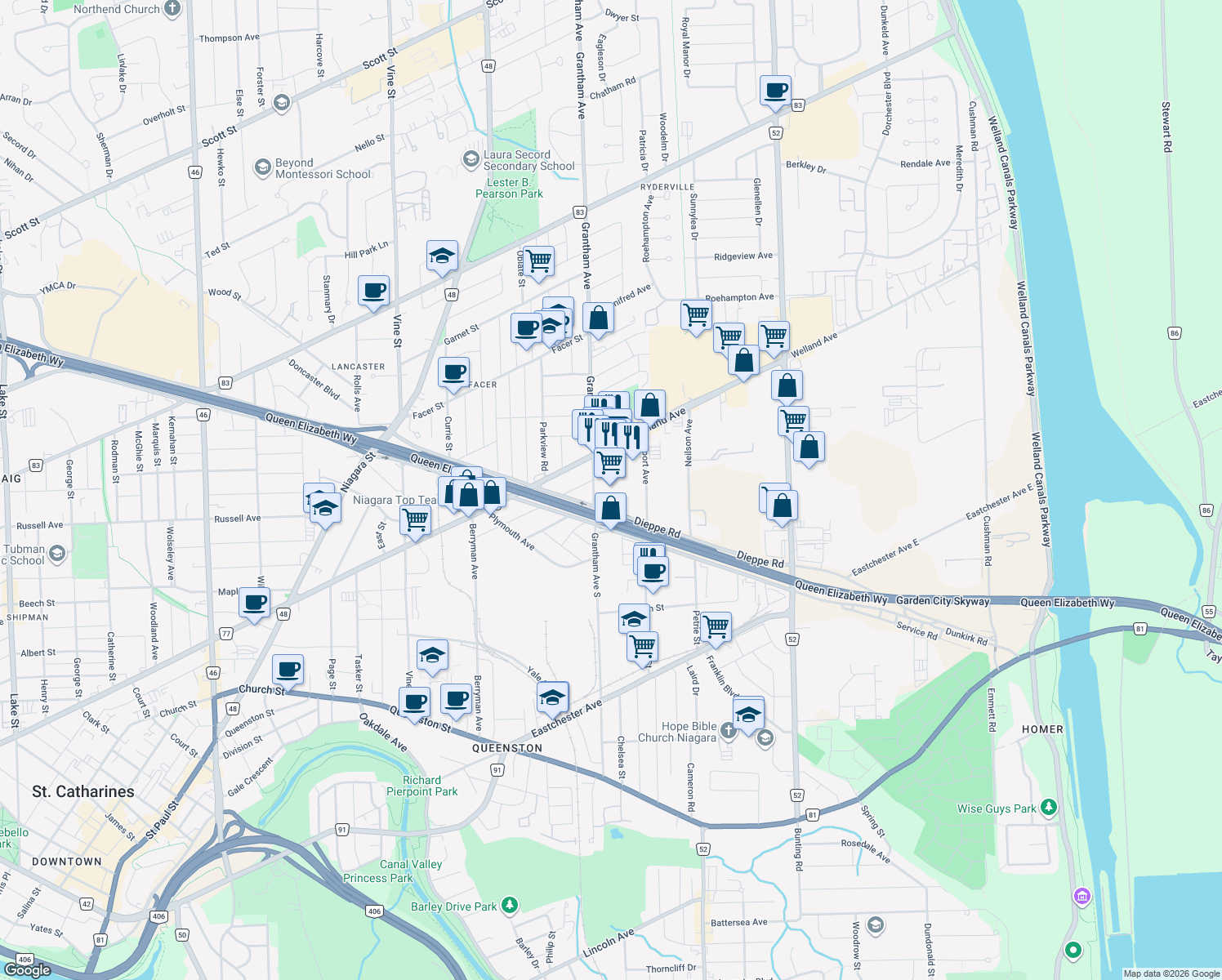 map of restaurants, bars, coffee shops, grocery stores, and more near 99 Dieppe Road in St. Catharines