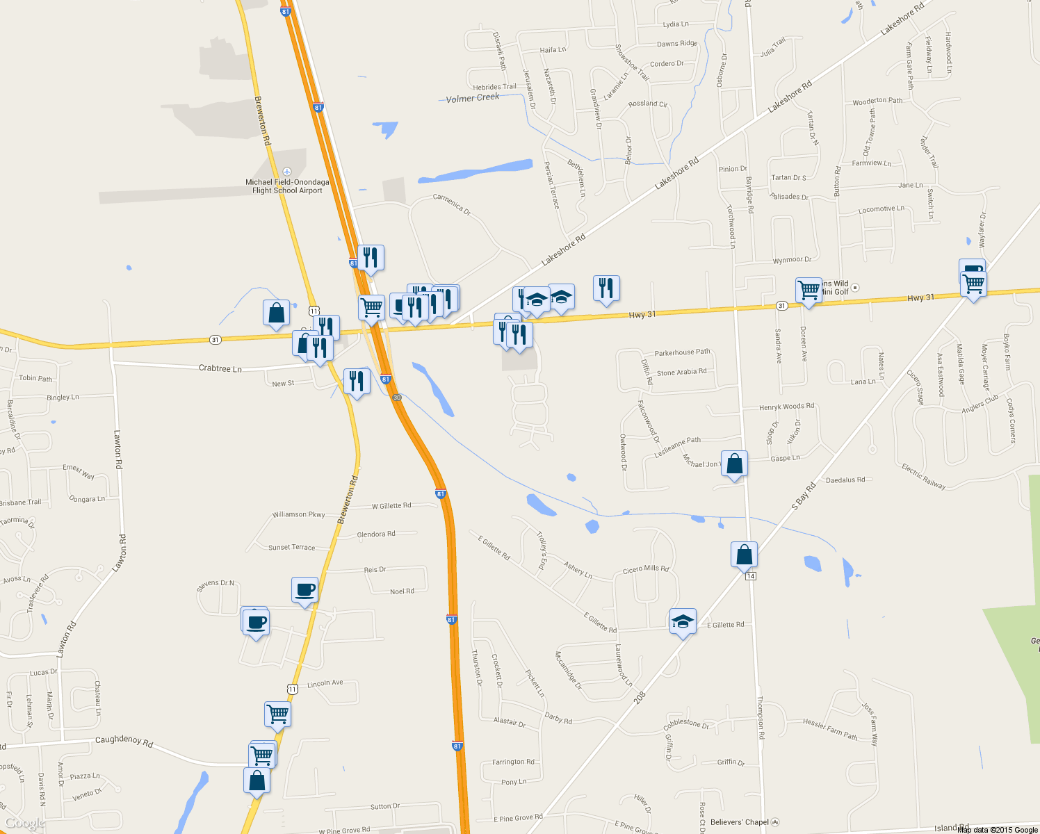 map of restaurants, bars, coffee shops, grocery stores, and more near 8776 New Country Dr in Cicero