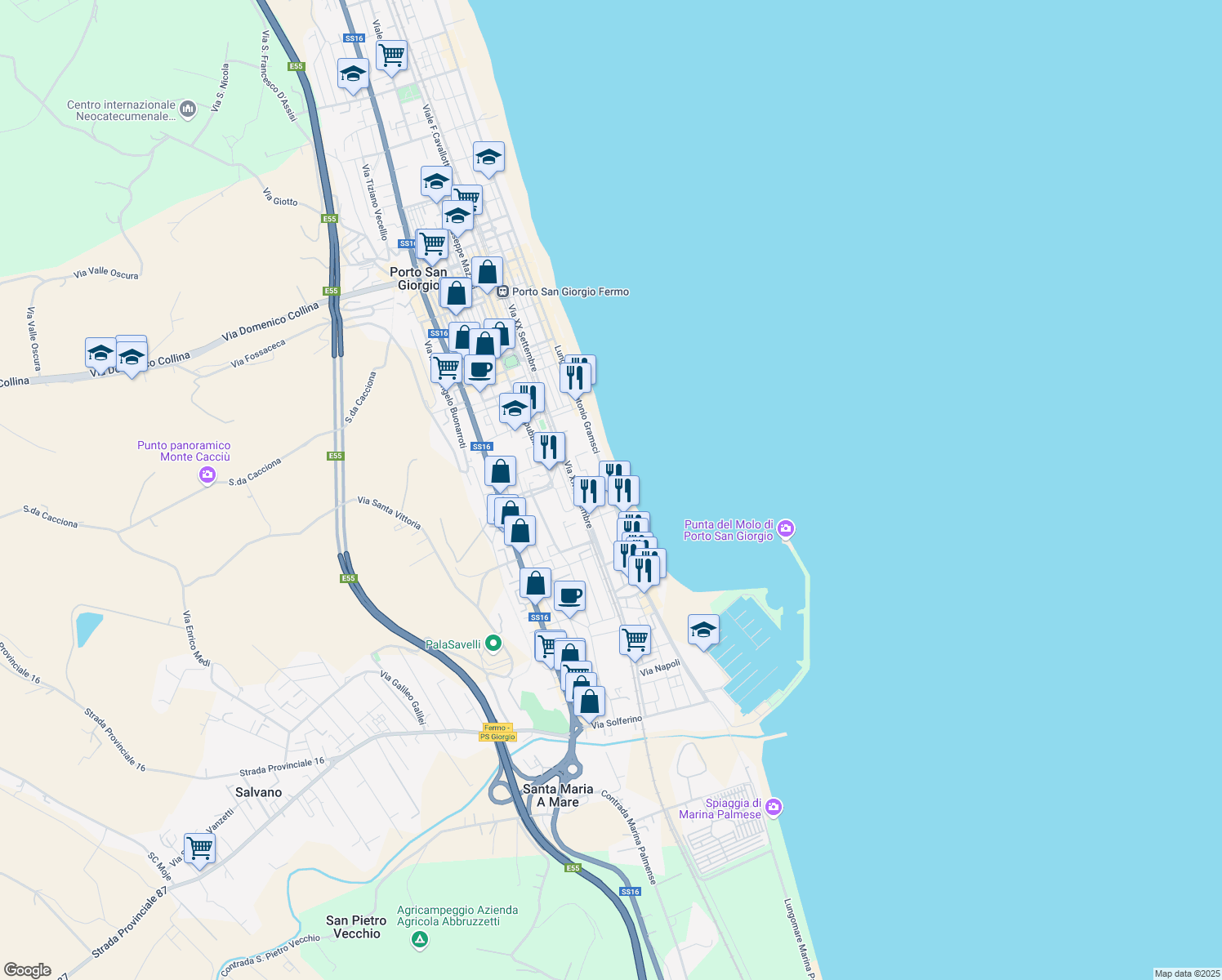 map of restaurants, bars, coffee shops, grocery stores, and more near Via Antonio Gramsci in Marina di Altidona