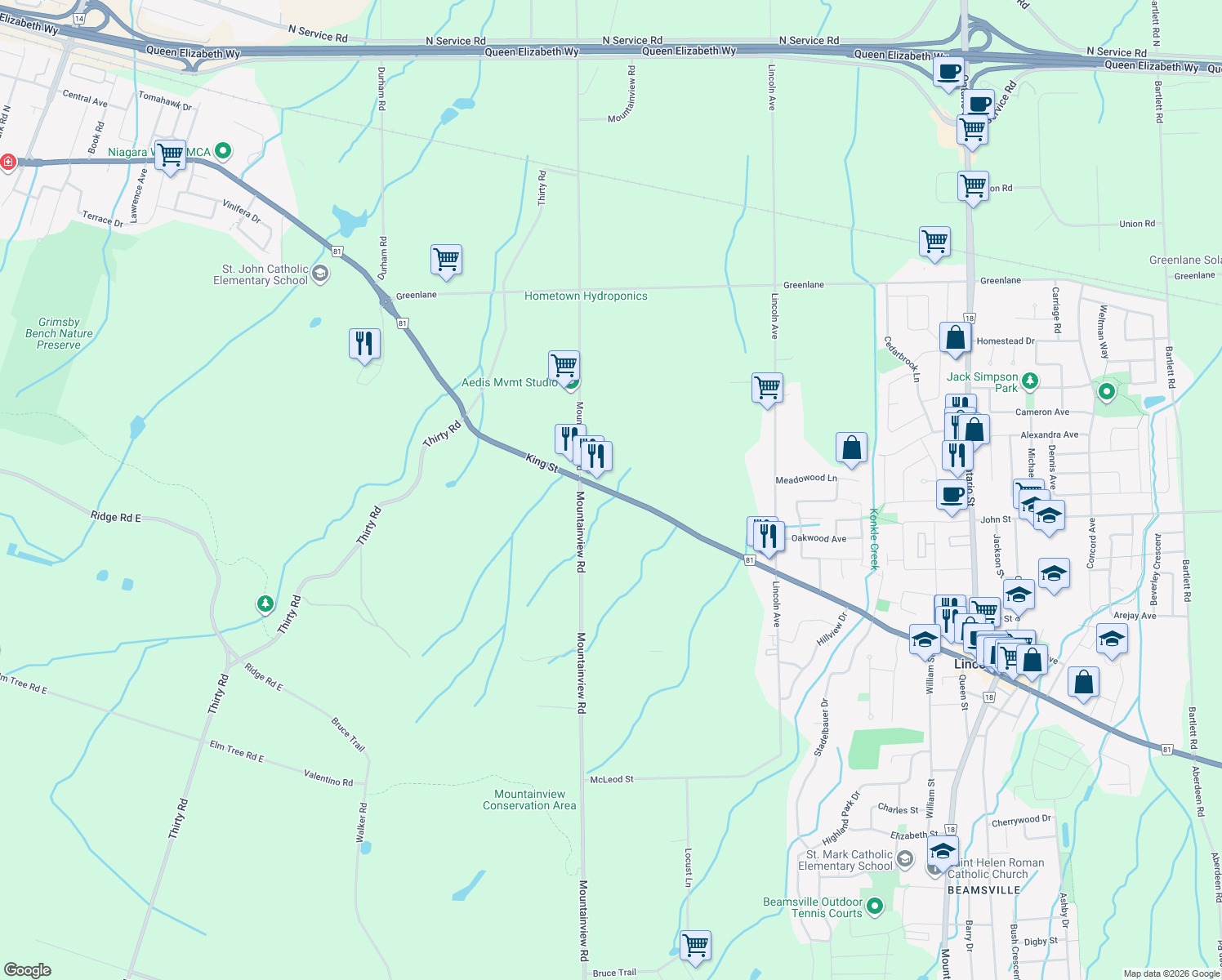 map of restaurants, bars, coffee shops, grocery stores, and more near 5367 King Street in Lincoln