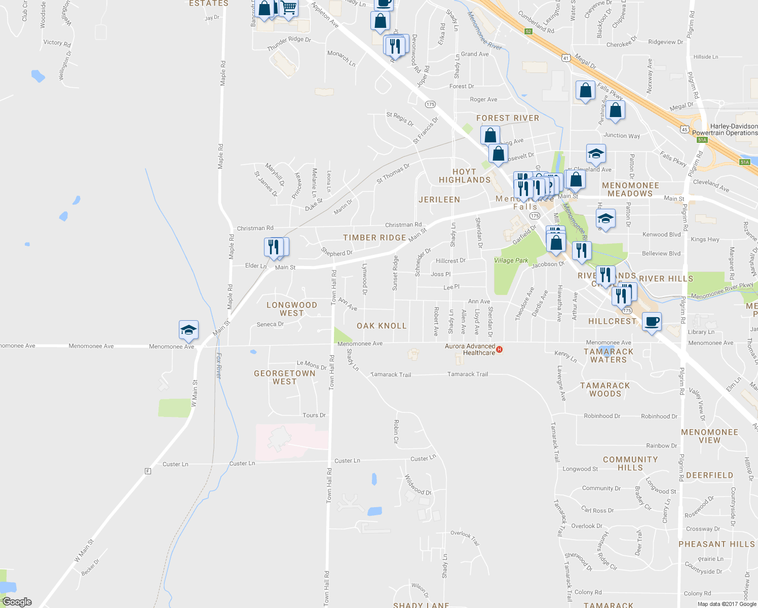 map of restaurants, bars, coffee shops, grocery stores, and more near 17706 Ann Avenue in Menomonee Falls