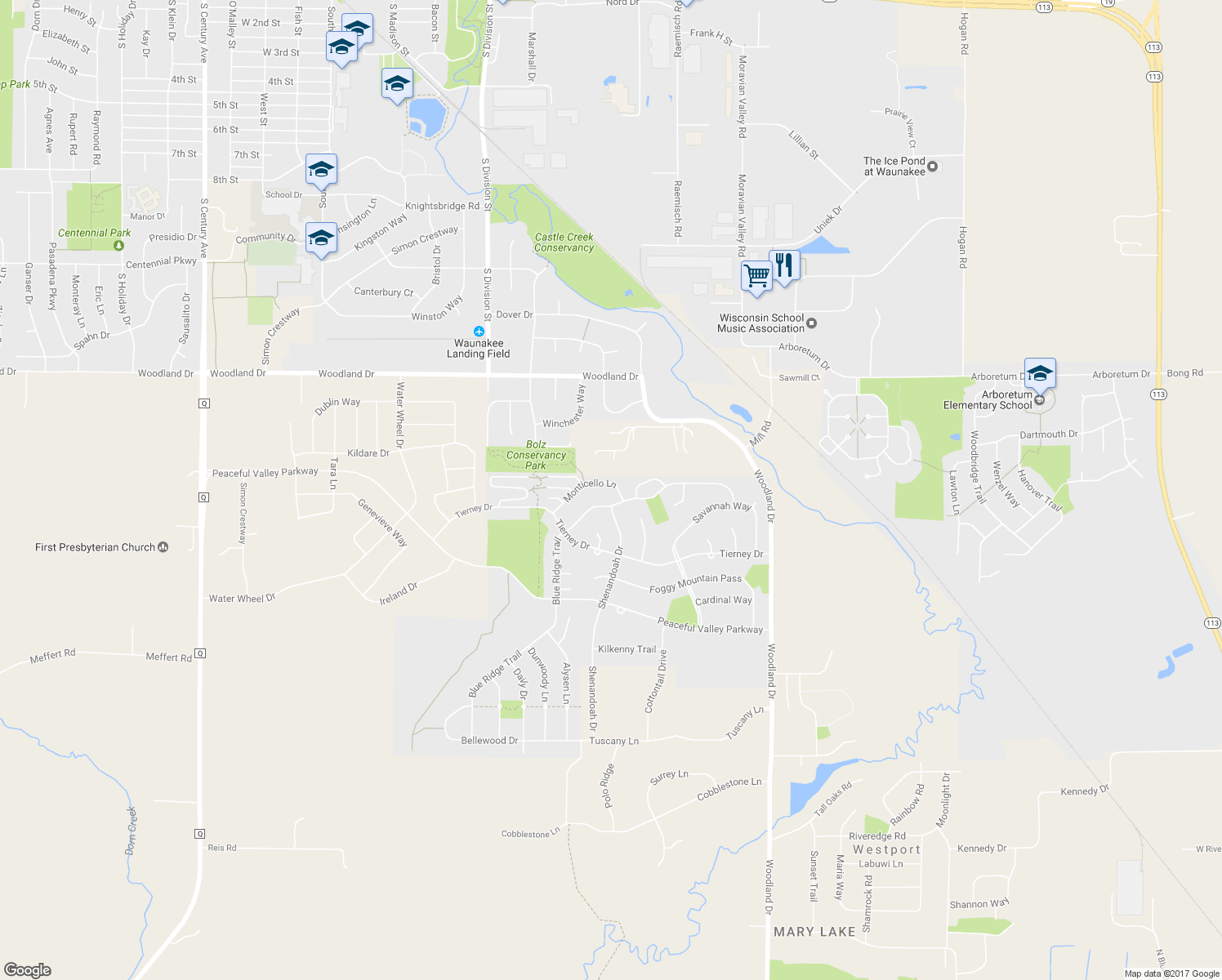 map of restaurants, bars, coffee shops, grocery stores, and more near 1607 Monticello Lane in Waunakee
