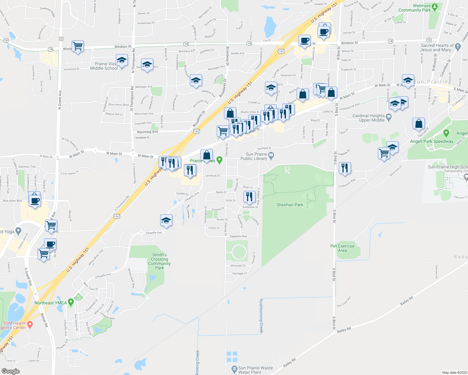 map of restaurants, bars, coffee shops, grocery stores, and more near 710 Olympic Street in Sun Prairie