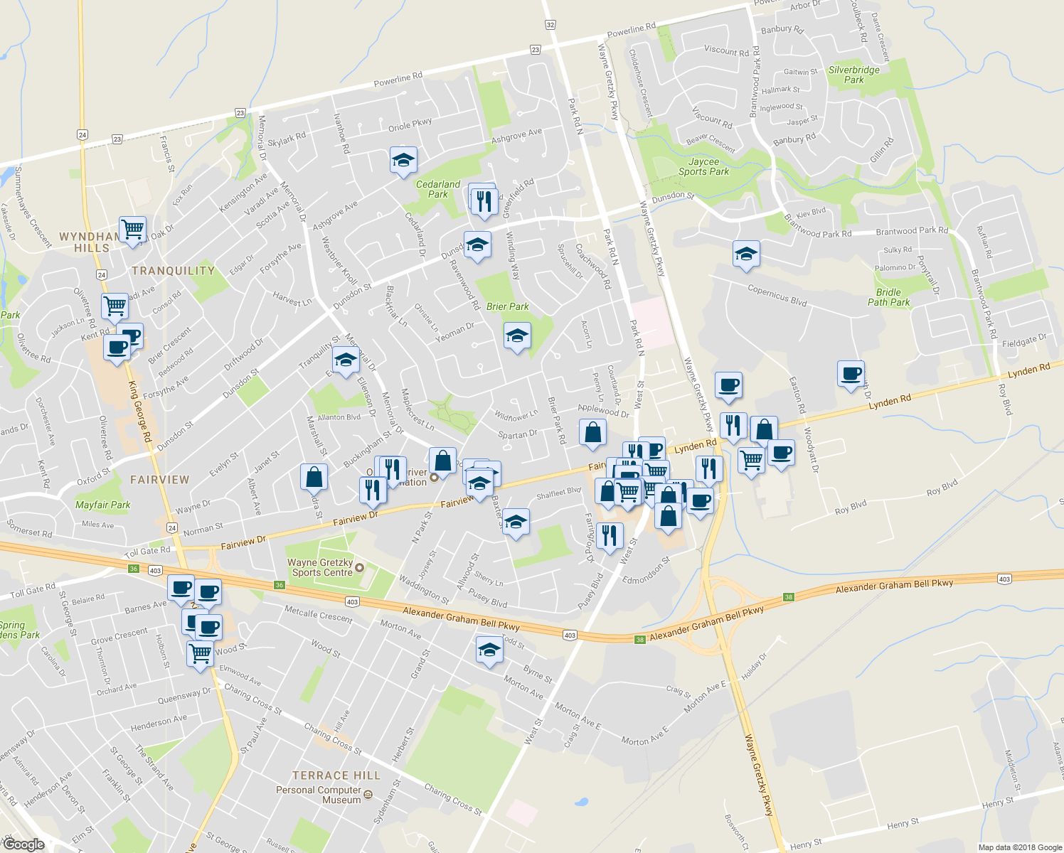 map of restaurants, bars, coffee shops, grocery stores, and more near 12 Spartan Drive in Brantford