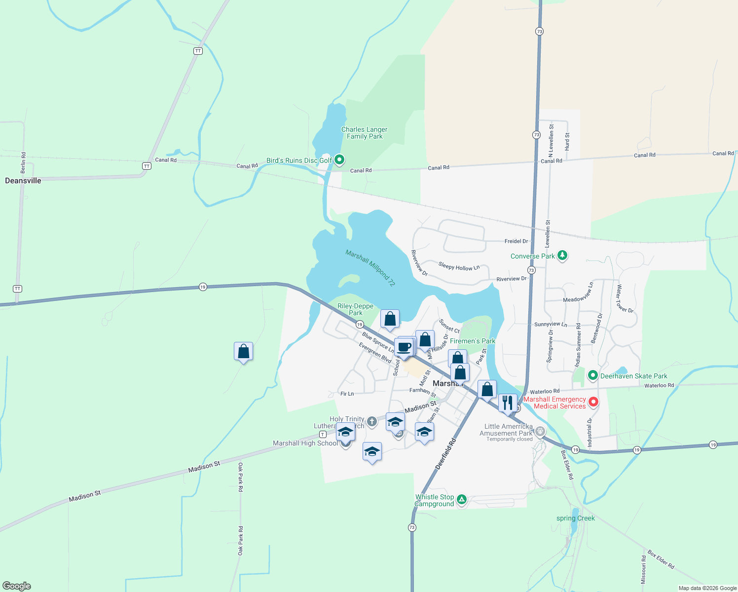 map of restaurants, bars, coffee shops, grocery stores, and more near 870 Wisconsin 19 in Marshall