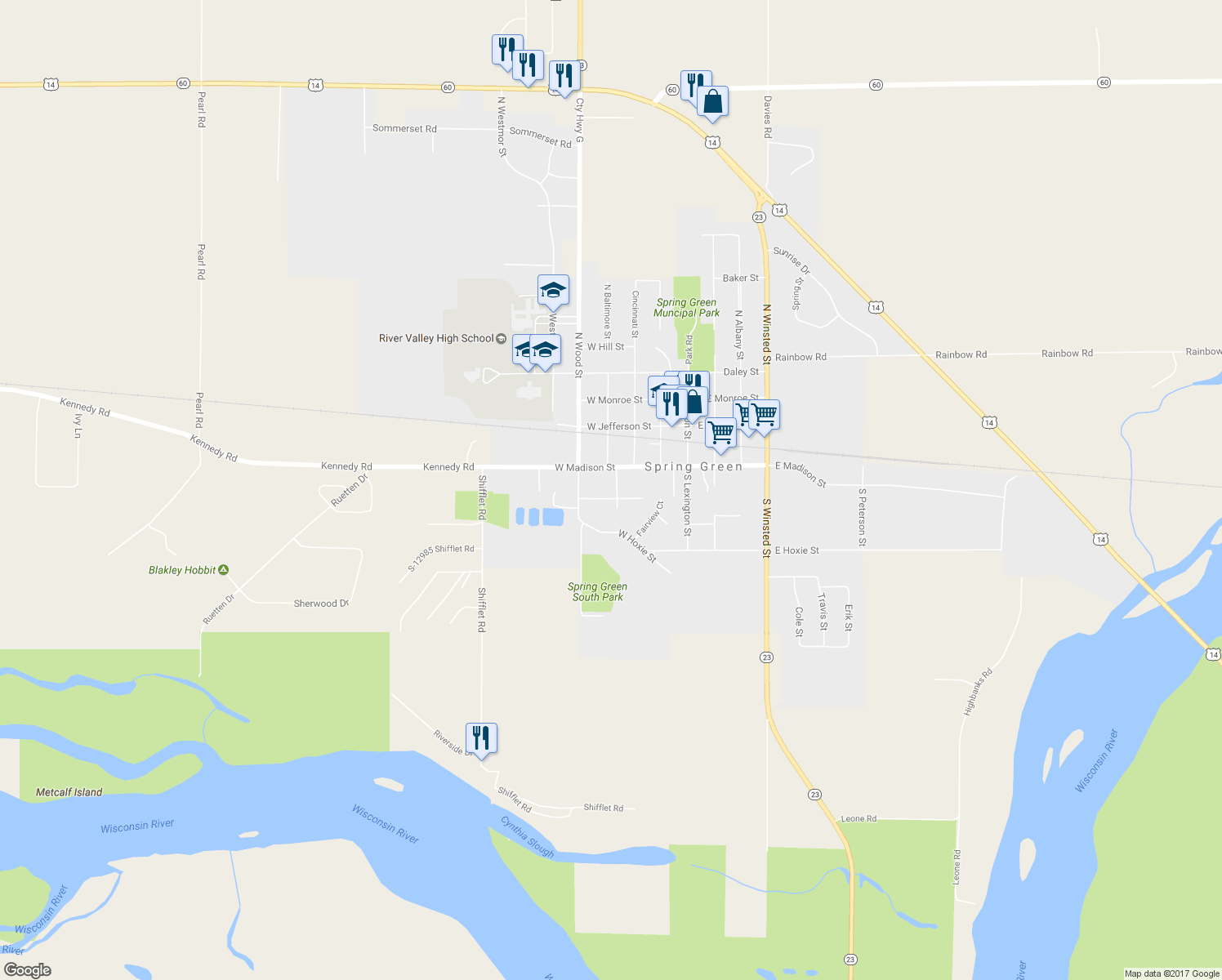 map of restaurants, bars, coffee shops, grocery stores, and more near 270 South Baltimore Street in Spring Green