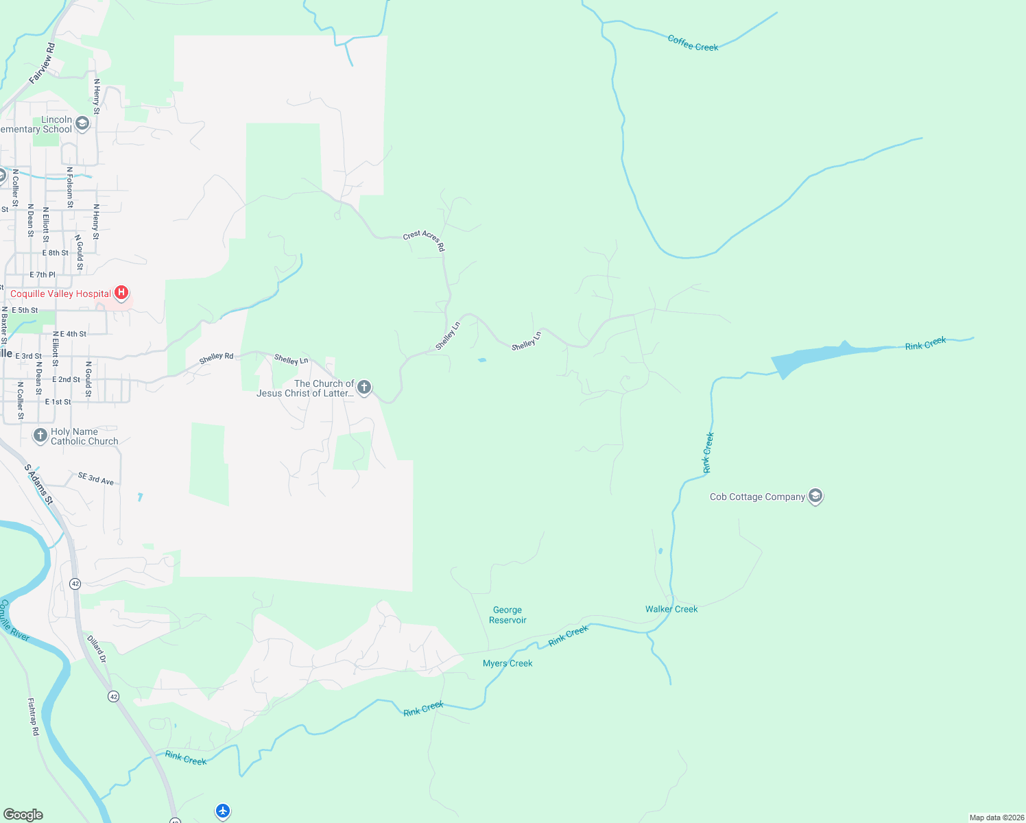 map of restaurants, bars, coffee shops, grocery stores, and more near 3455-3601 Shelley Lane in Coquille