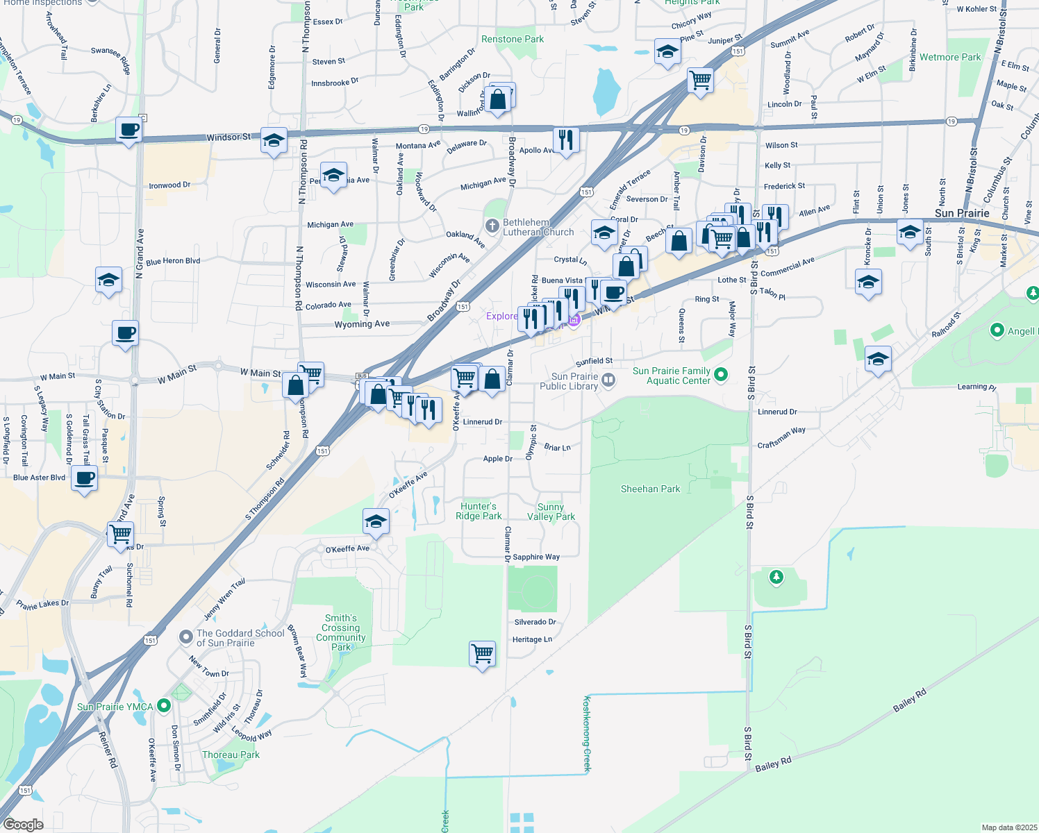 map of restaurants, bars, coffee shops, grocery stores, and more near 1616 Linnerud Dr in Sun Prairie