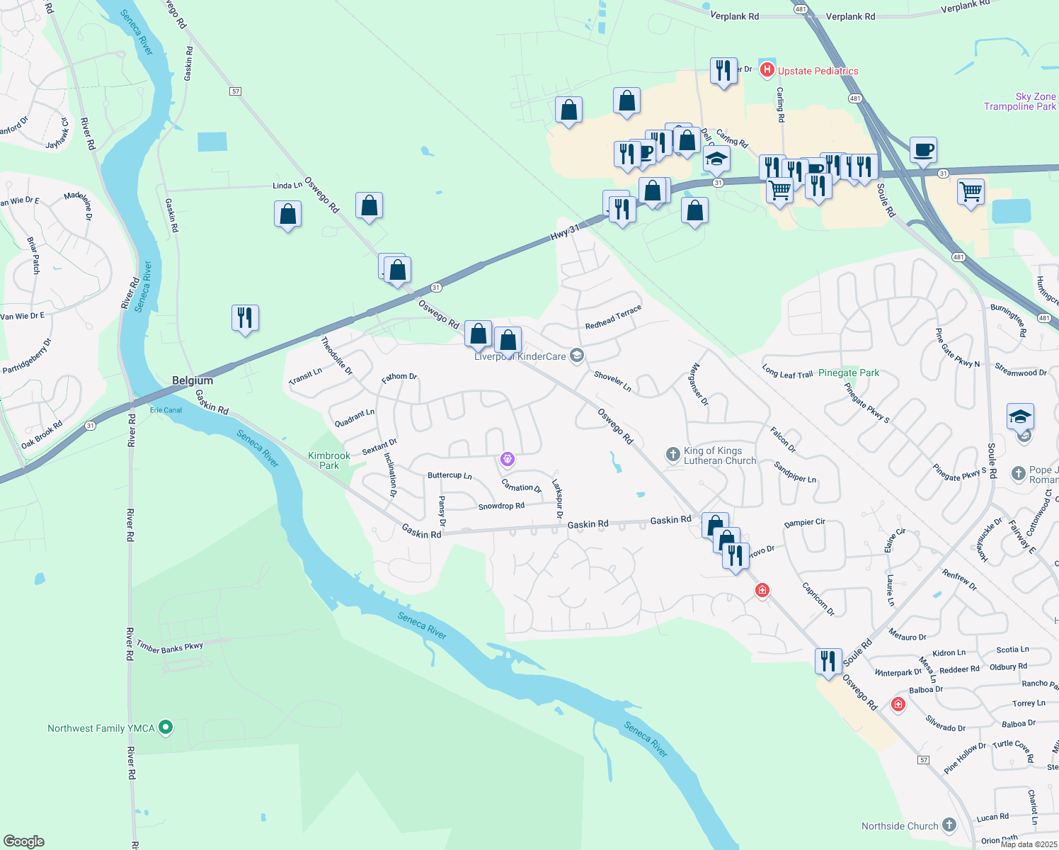 map of restaurants, bars, coffee shops, grocery stores, and more near 8418 Zenith Dr in Baldwinsville