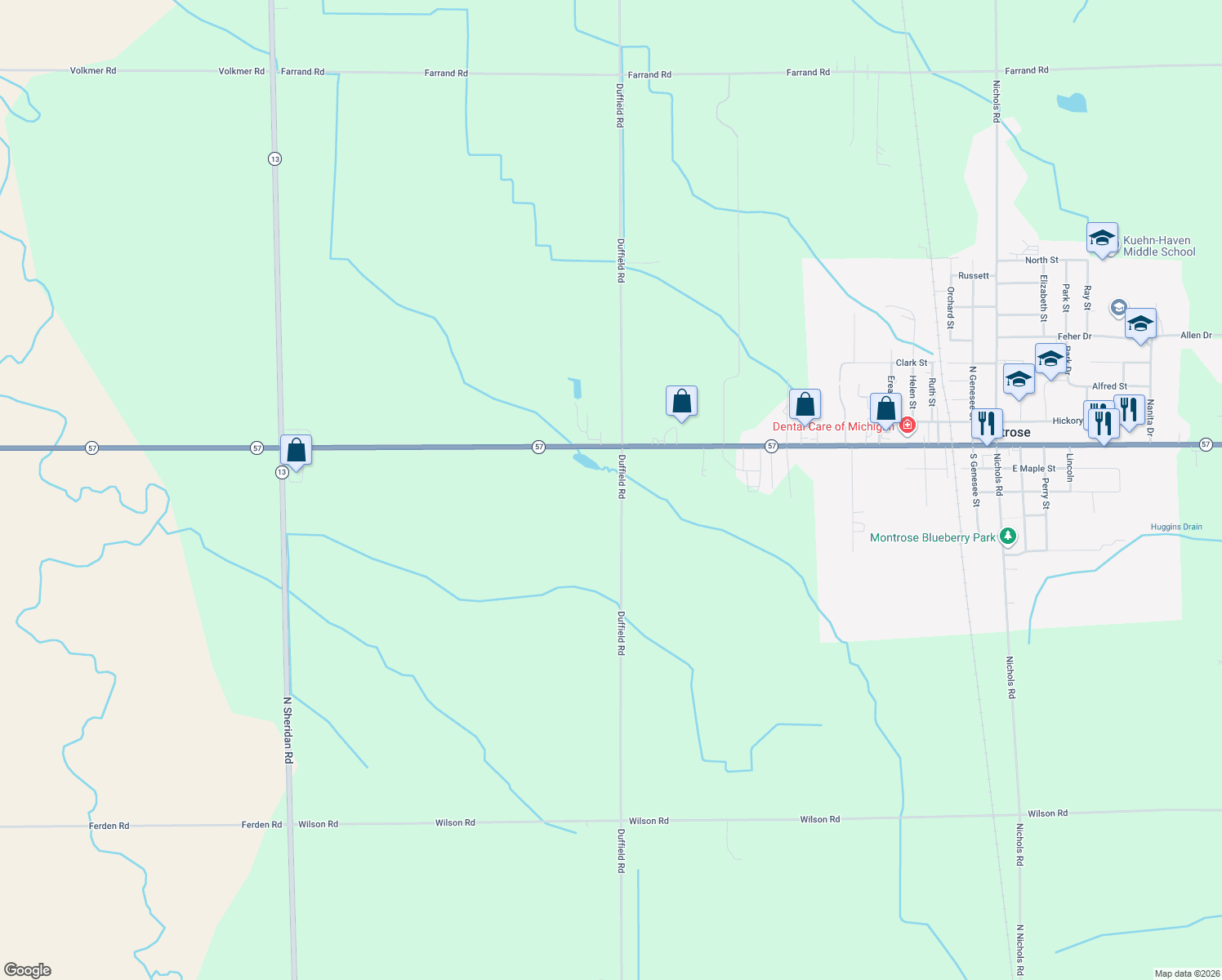 map of restaurants, bars, coffee shops, grocery stores, and more near 11459 Duffield Road in Montrose