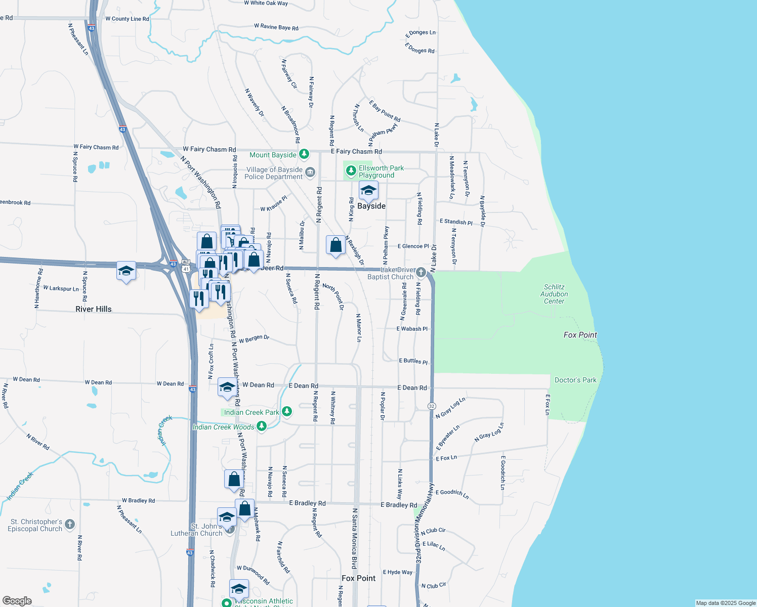 map of restaurants, bars, coffee shops, grocery stores, and more near 725 East Wahner Place in Bayside