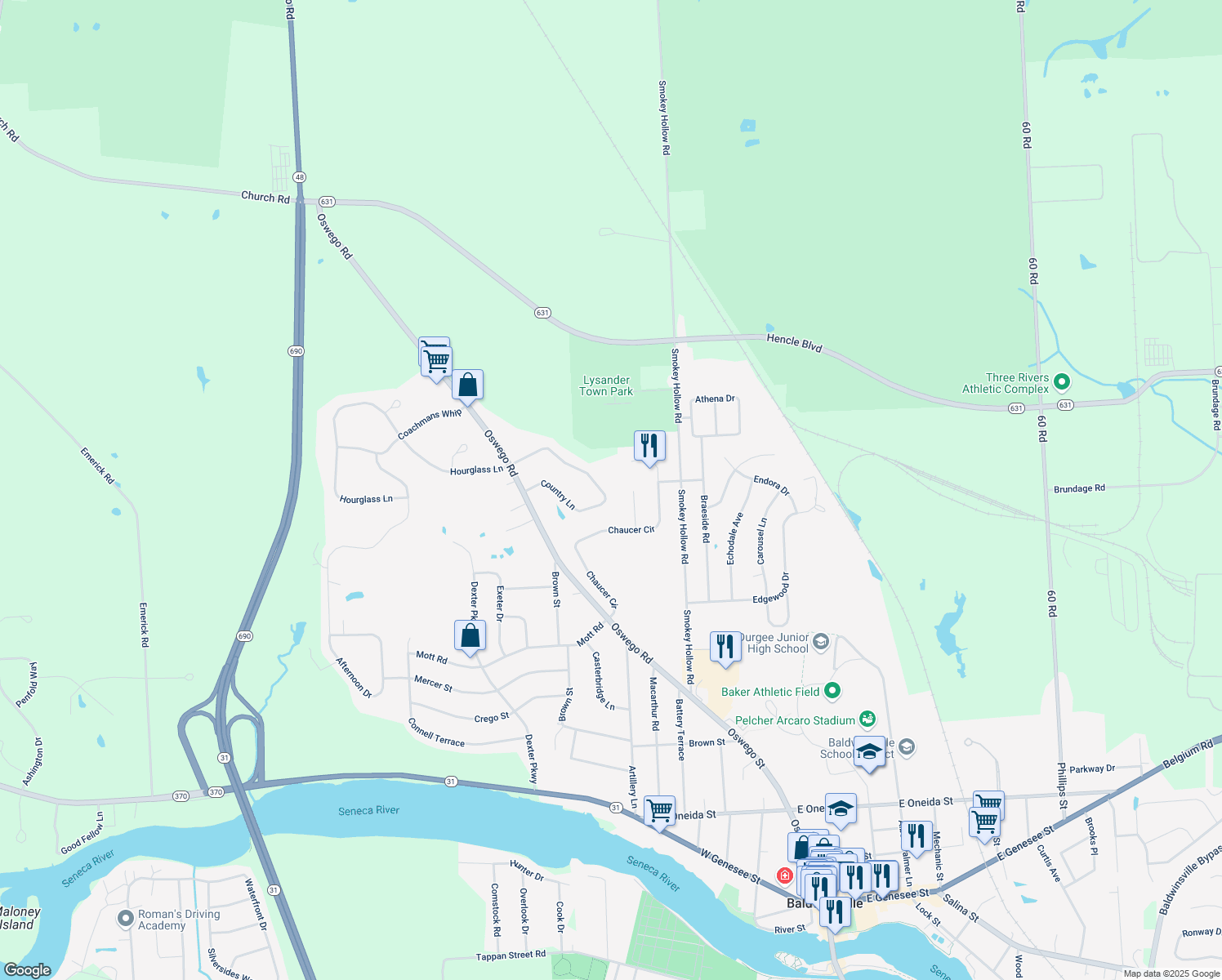 map of restaurants, bars, coffee shops, grocery stores, and more near 2529 Country Ln in Baldwinsville
