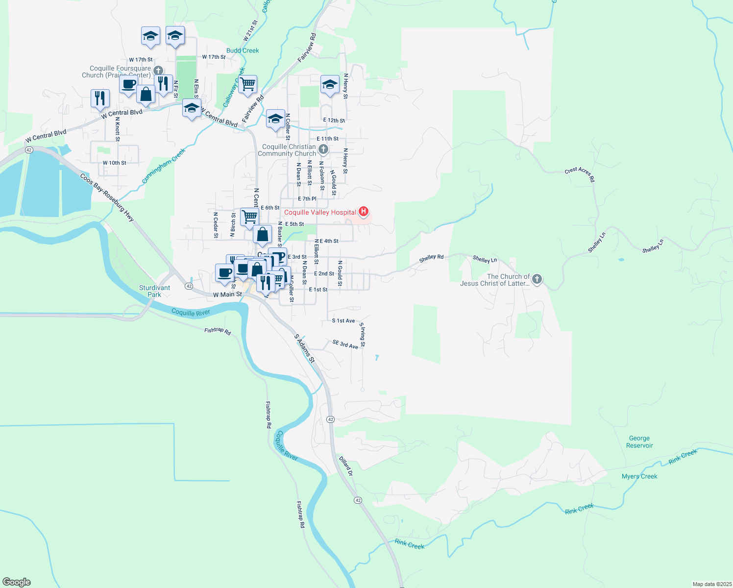 map of restaurants, bars, coffee shops, grocery stores, and more near 905 East 1st Street in Coquille