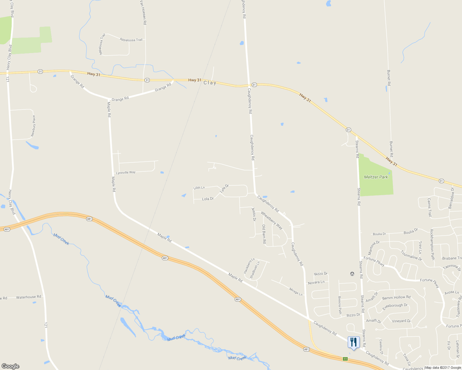 map of restaurants, bars, coffee shops, grocery stores, and more near 5182 Lyle Drive in Clay