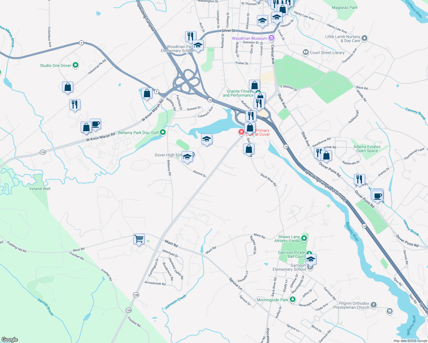 map of restaurants, bars, coffee shops, grocery stores, and more near 78 Durham Road in Dover