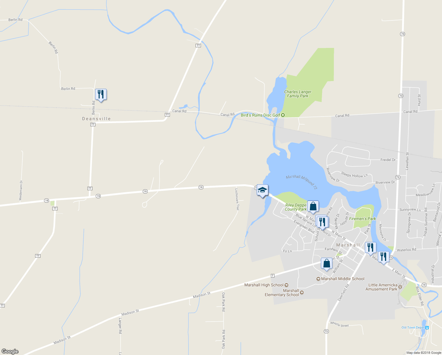 map of restaurants, bars, coffee shops, grocery stores, and more near 1006 Wisconsin 19 in Marshall