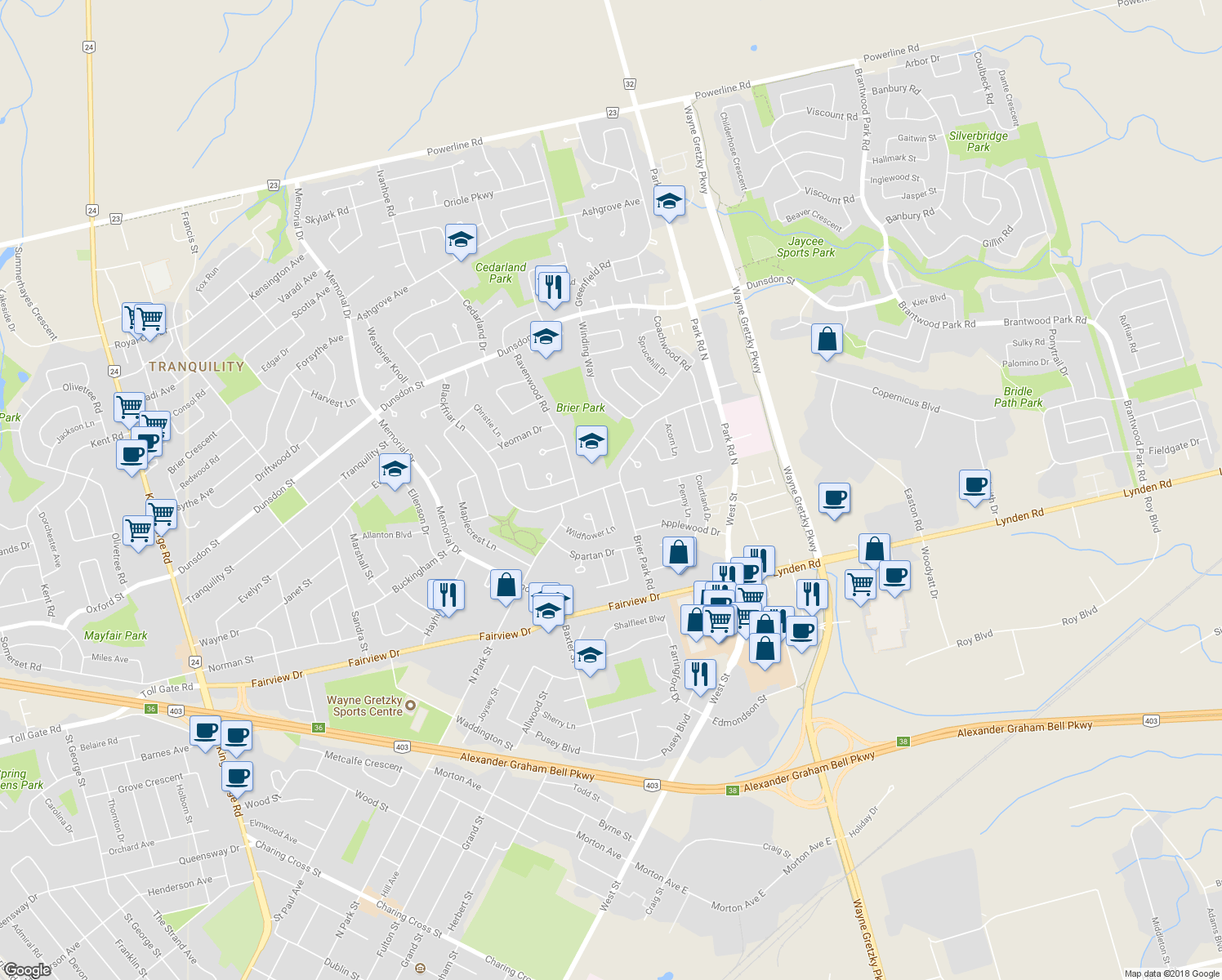 map of restaurants, bars, coffee shops, grocery stores, and more near 1 Wildflower Lane in Brantford