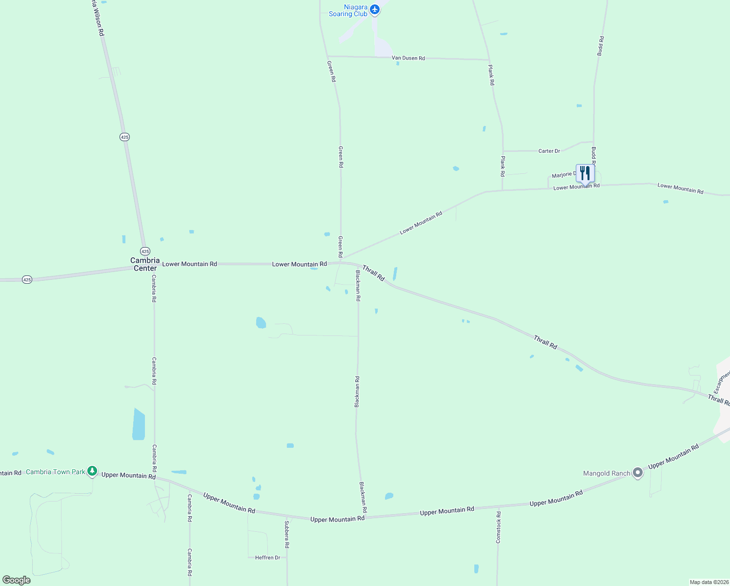 map of restaurants, bars, coffee shops, grocery stores, and more near 4472 Thrall Road in Lockport