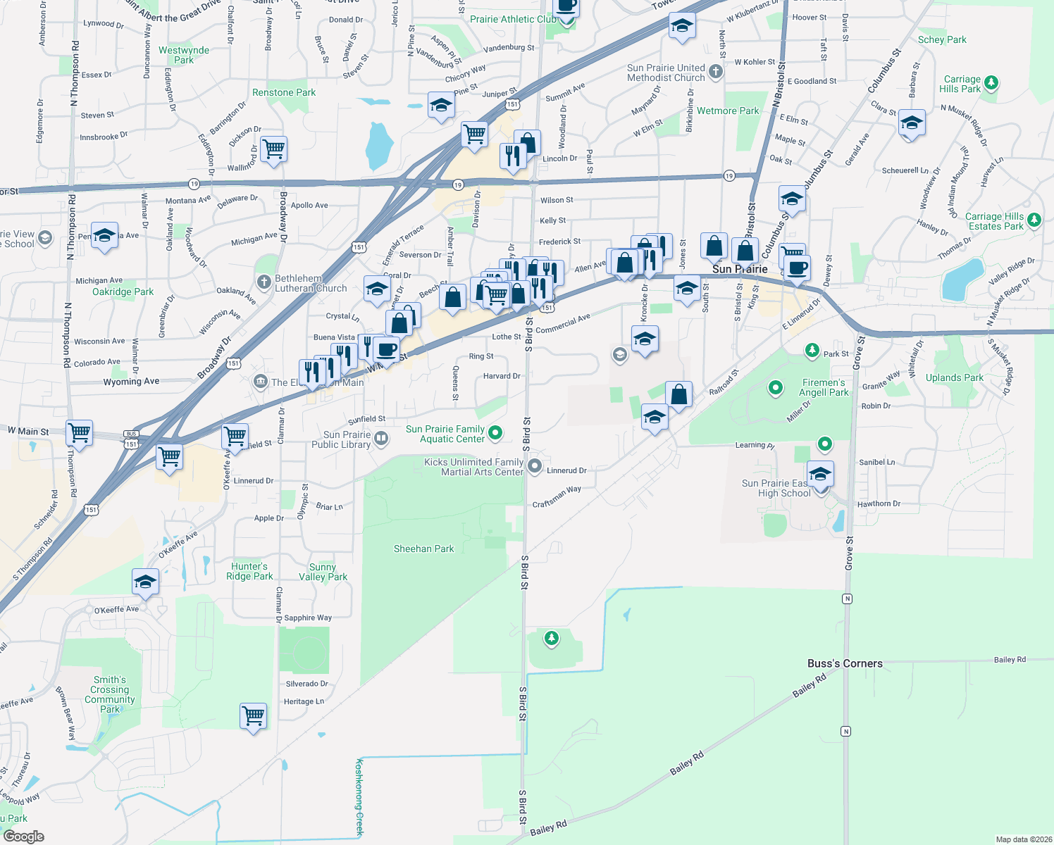 map of restaurants, bars, coffee shops, grocery stores, and more near 115 East Main Street in Sun Prairie