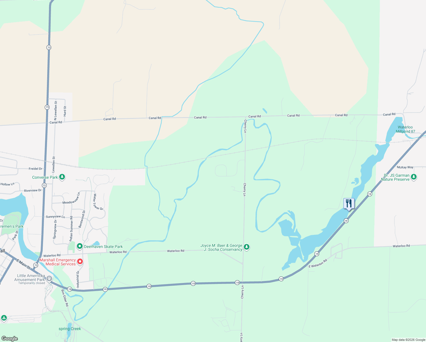 map of restaurants, bars, coffee shops, grocery stores, and more near 333 Maple Heights Road in Marshall
