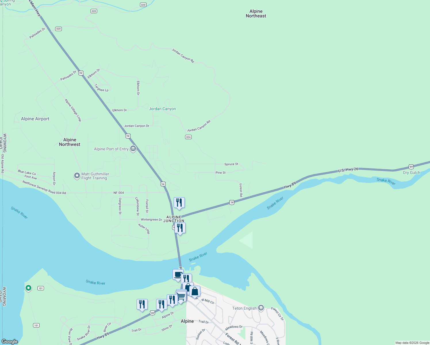 map of restaurants, bars, coffee shops, grocery stores, and more near Pine Street in Alpine