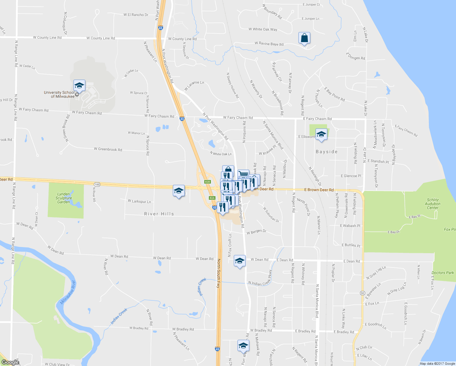 map of restaurants, bars, coffee shops, grocery stores, and more near 500 West Brown Deer Road in Bayside