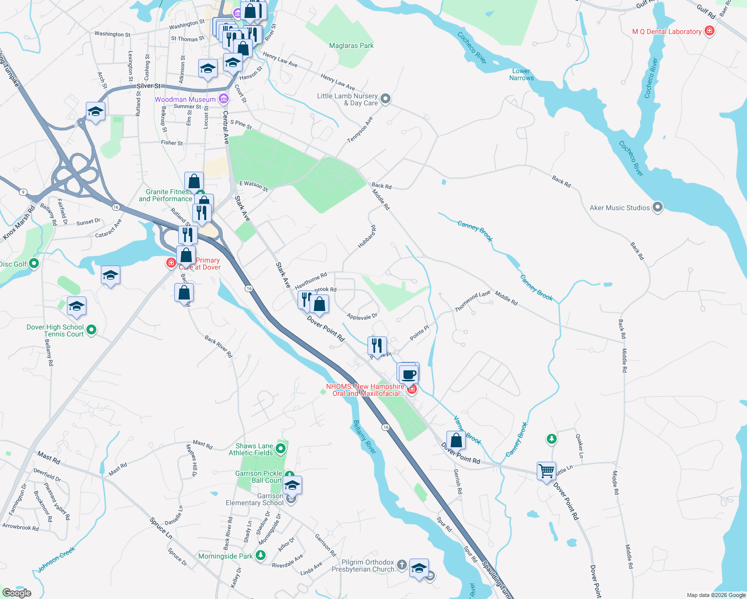 map of restaurants, bars, coffee shops, grocery stores, and more near 47 Applevale Drive in Dover