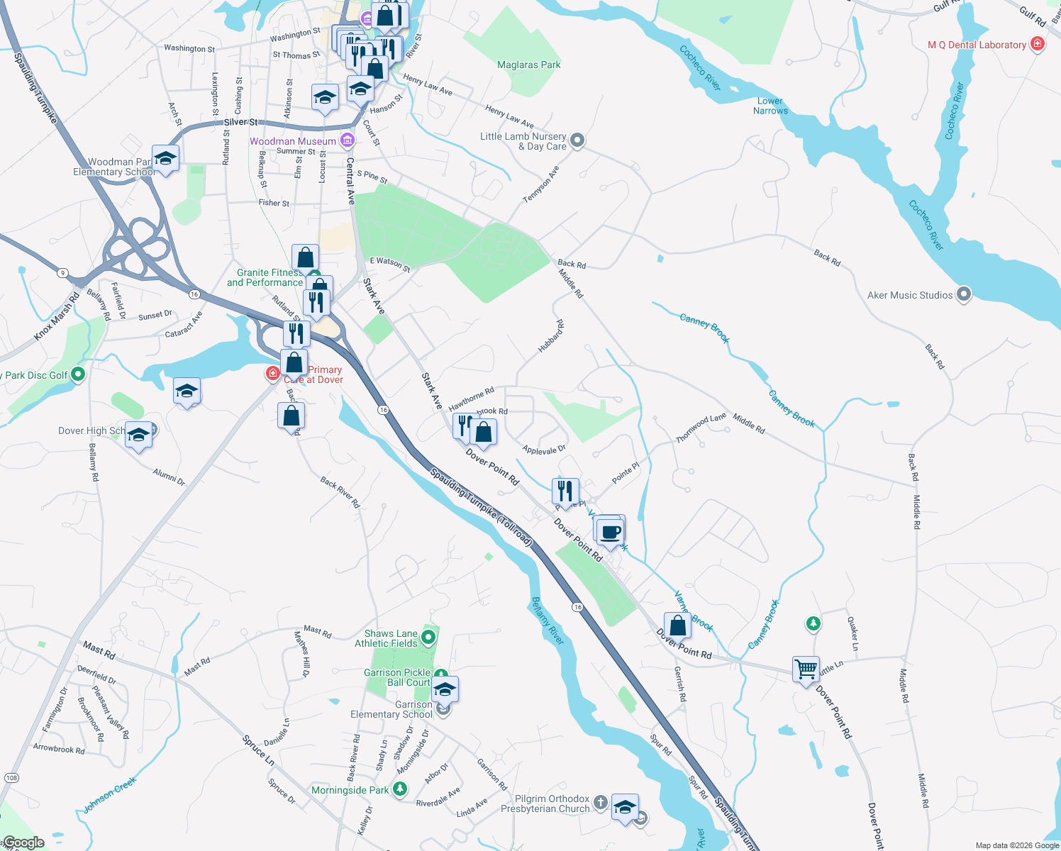 map of restaurants, bars, coffee shops, grocery stores, and more near 7 Winston Avenue in Dover