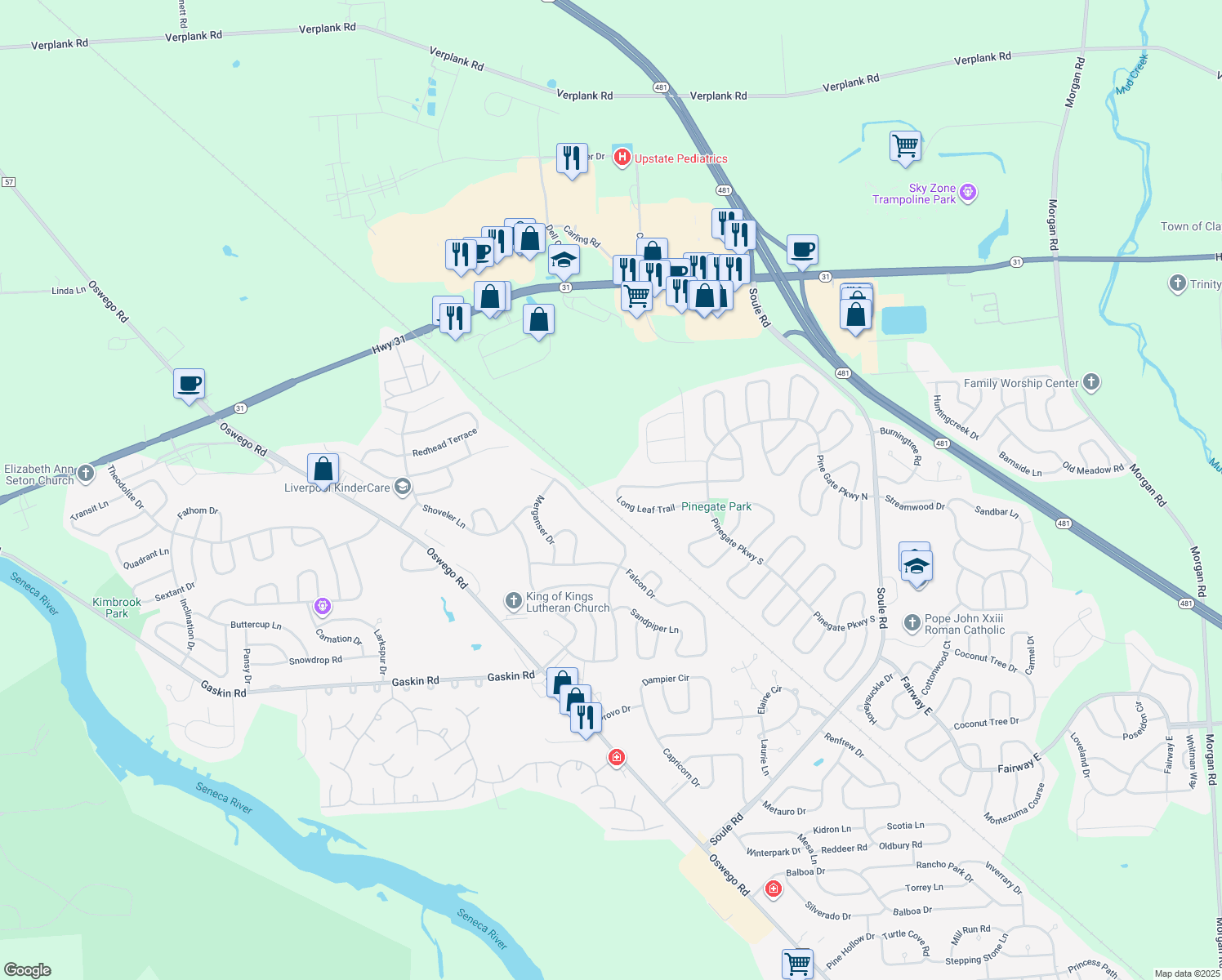 map of restaurants, bars, coffee shops, grocery stores, and more near 8535 Long Leaf Trail in Liverpool