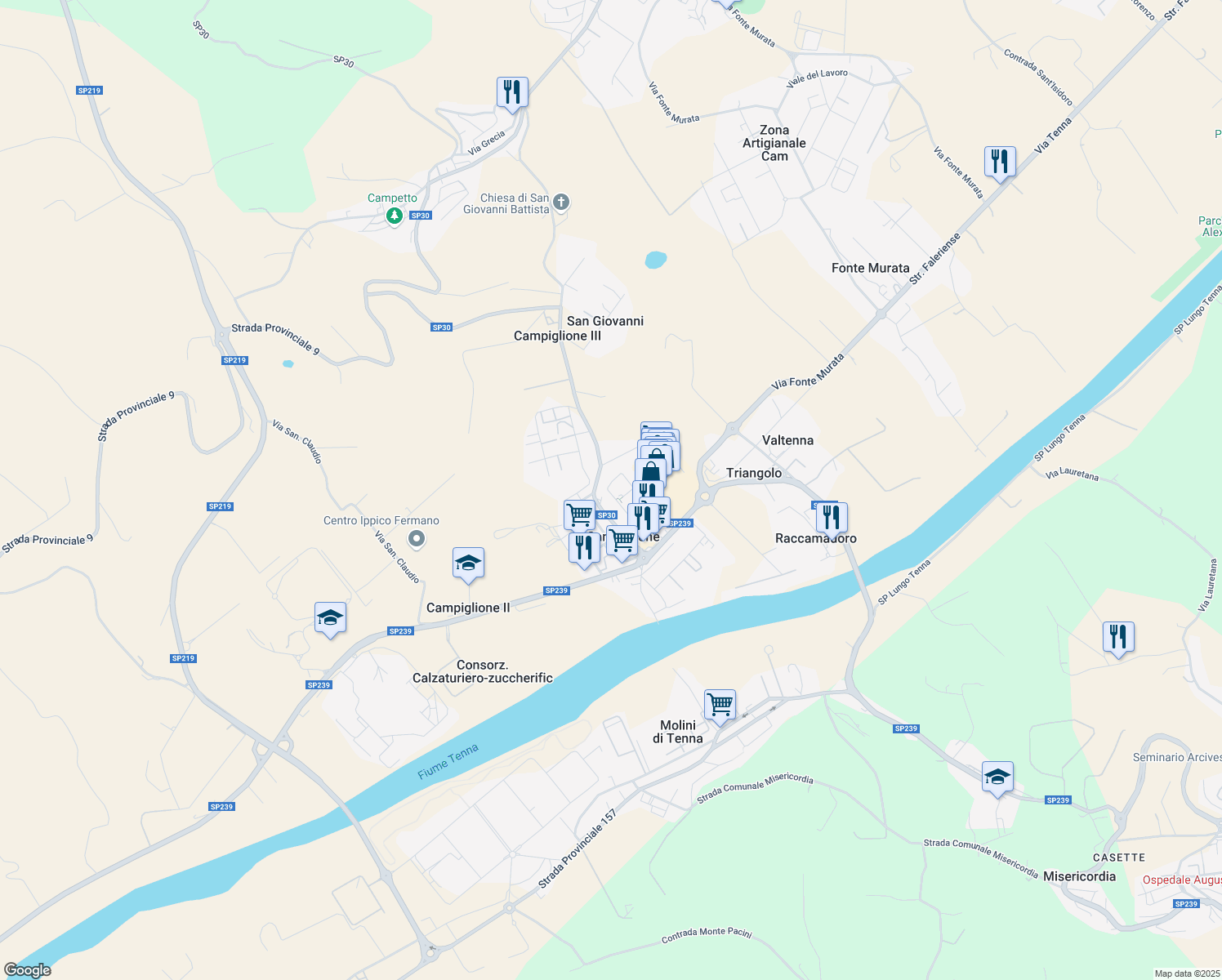 map of restaurants, bars, coffee shops, grocery stores, and more near 13 Via L. Quintiliani in Campiglione