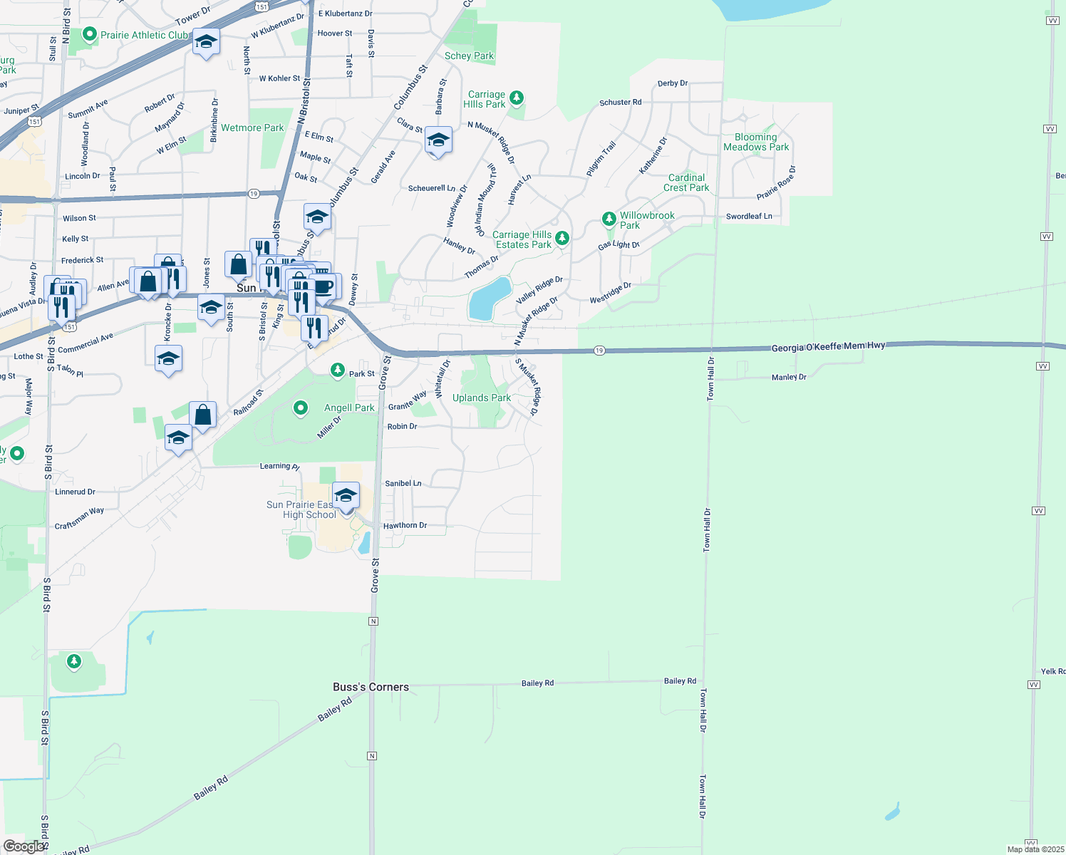 map of restaurants, bars, coffee shops, grocery stores, and more near 303 Sweet Grass Dr in Sun Prairie