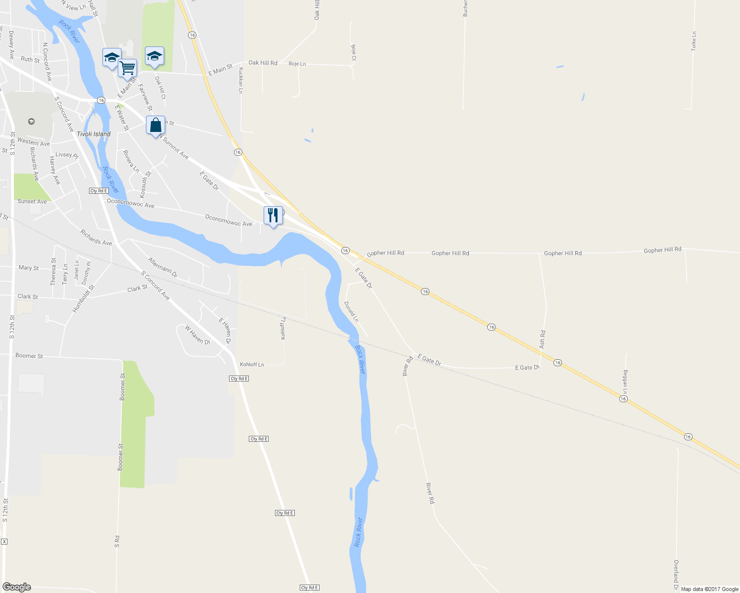 map of restaurants, bars, coffee shops, grocery stores, and more near W3049 East Gate Drive in Watertown