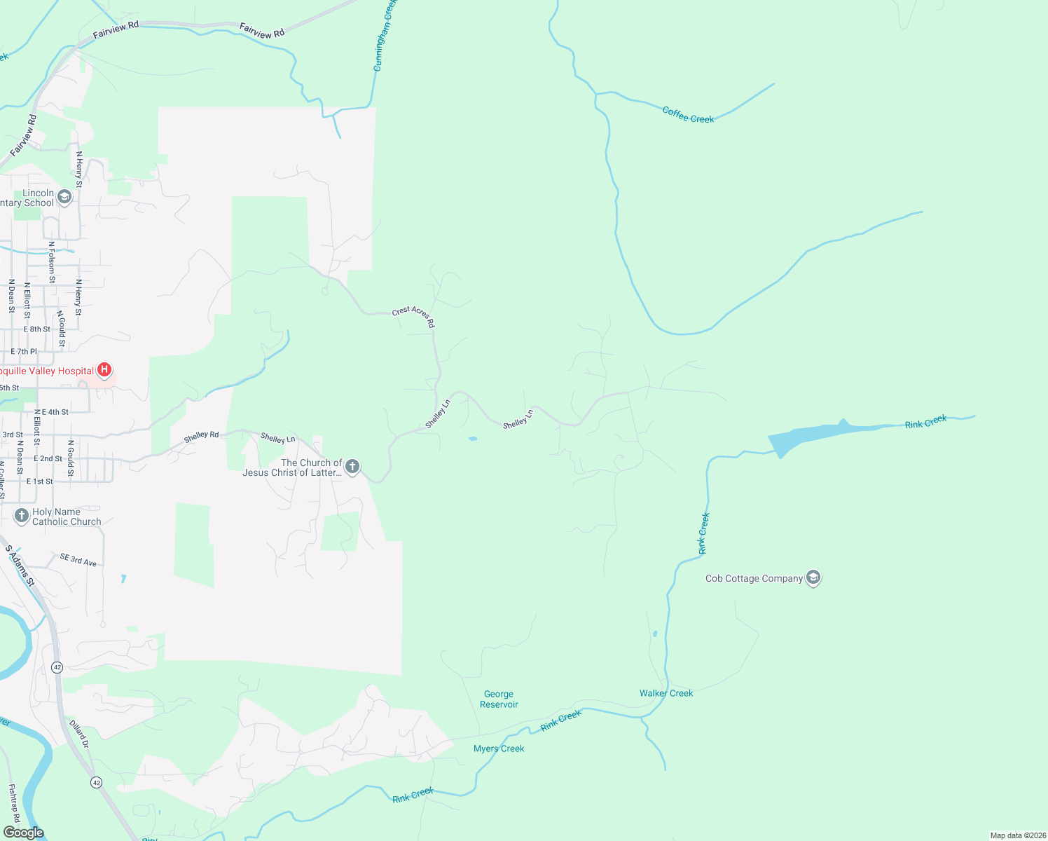 map of restaurants, bars, coffee shops, grocery stores, and more near 3601 Shelley Lane in Coquille