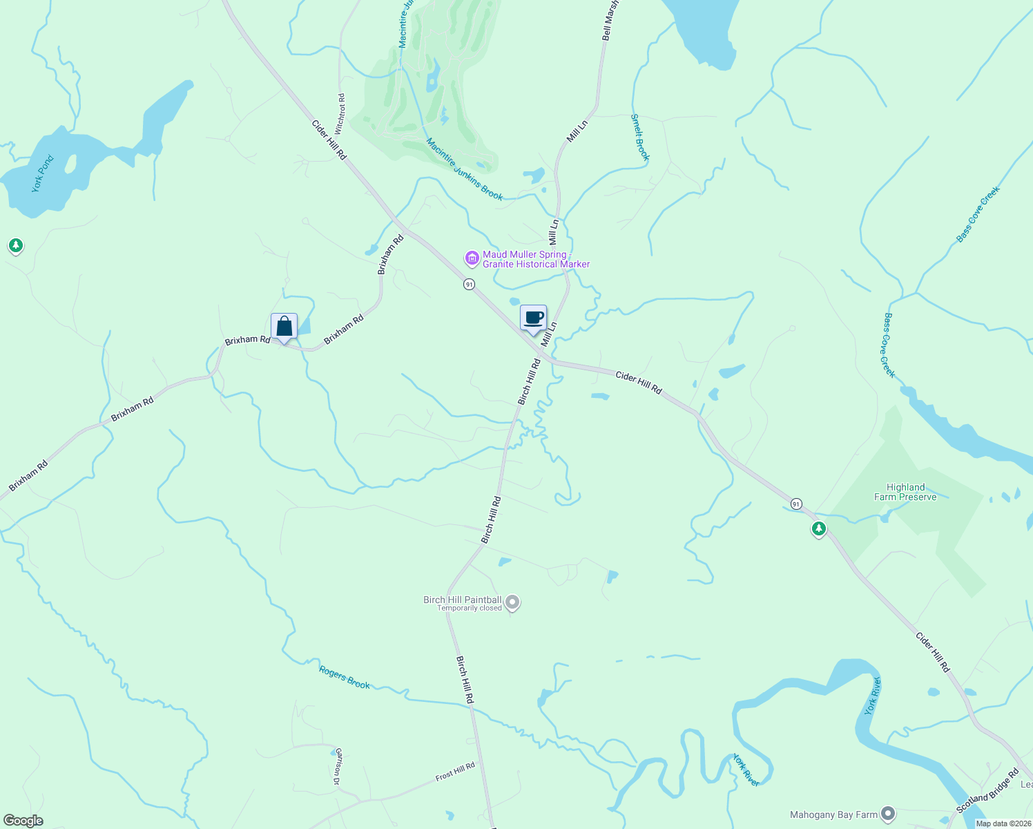map of restaurants, bars, coffee shops, grocery stores, and more near 20 Birch Hill Road in York