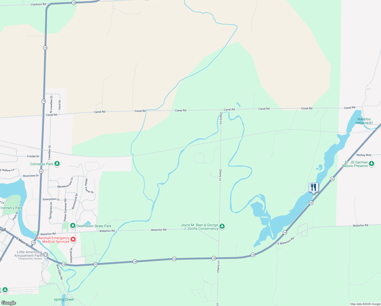 map of restaurants, bars, coffee shops, grocery stores, and more near 333 Maple Heights Road in Marshall