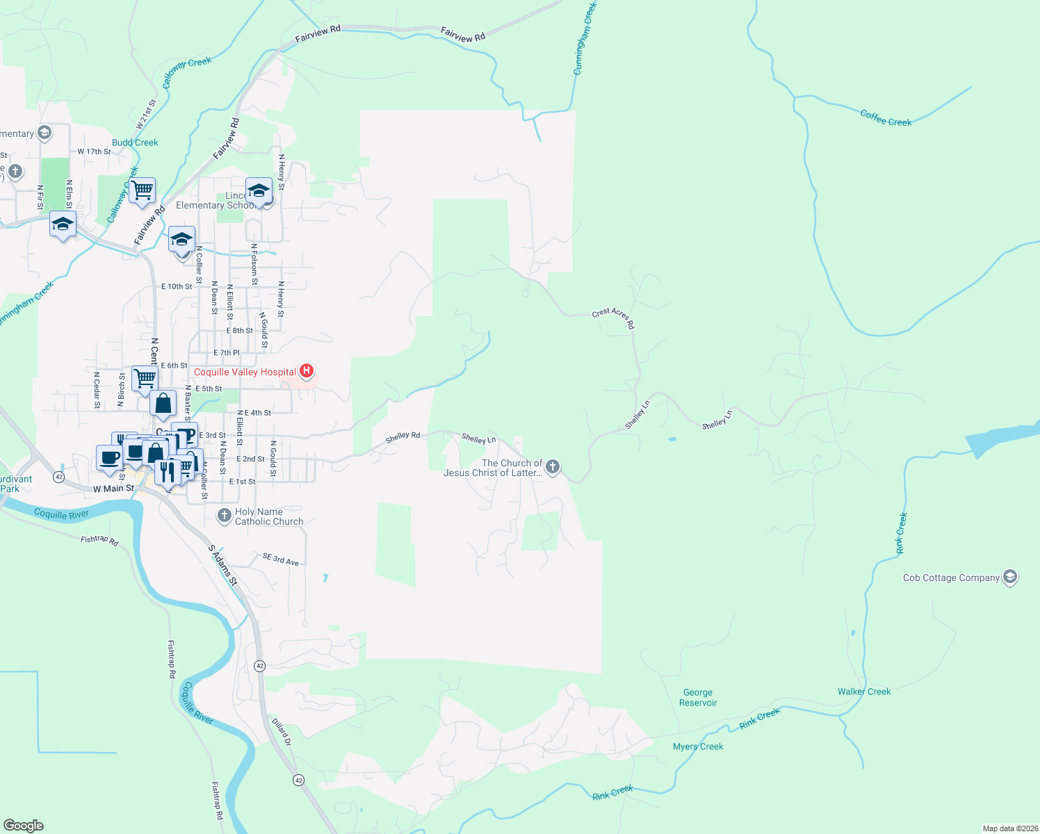 map of restaurants, bars, coffee shops, grocery stores, and more near 94495 Shelley Lane in Coquille