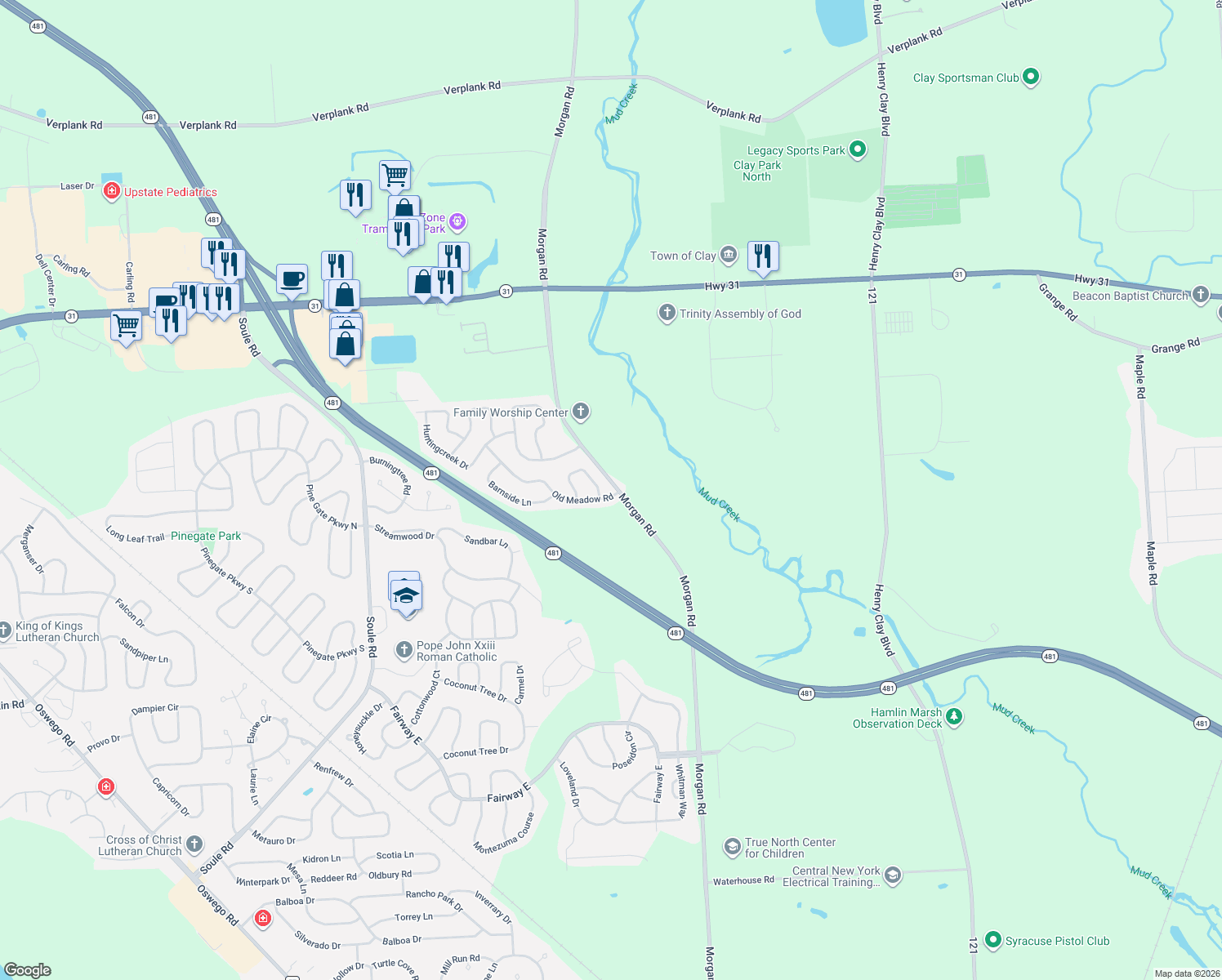 map of restaurants, bars, coffee shops, grocery stores, and more near 4353 Old Meadow Road in Clay