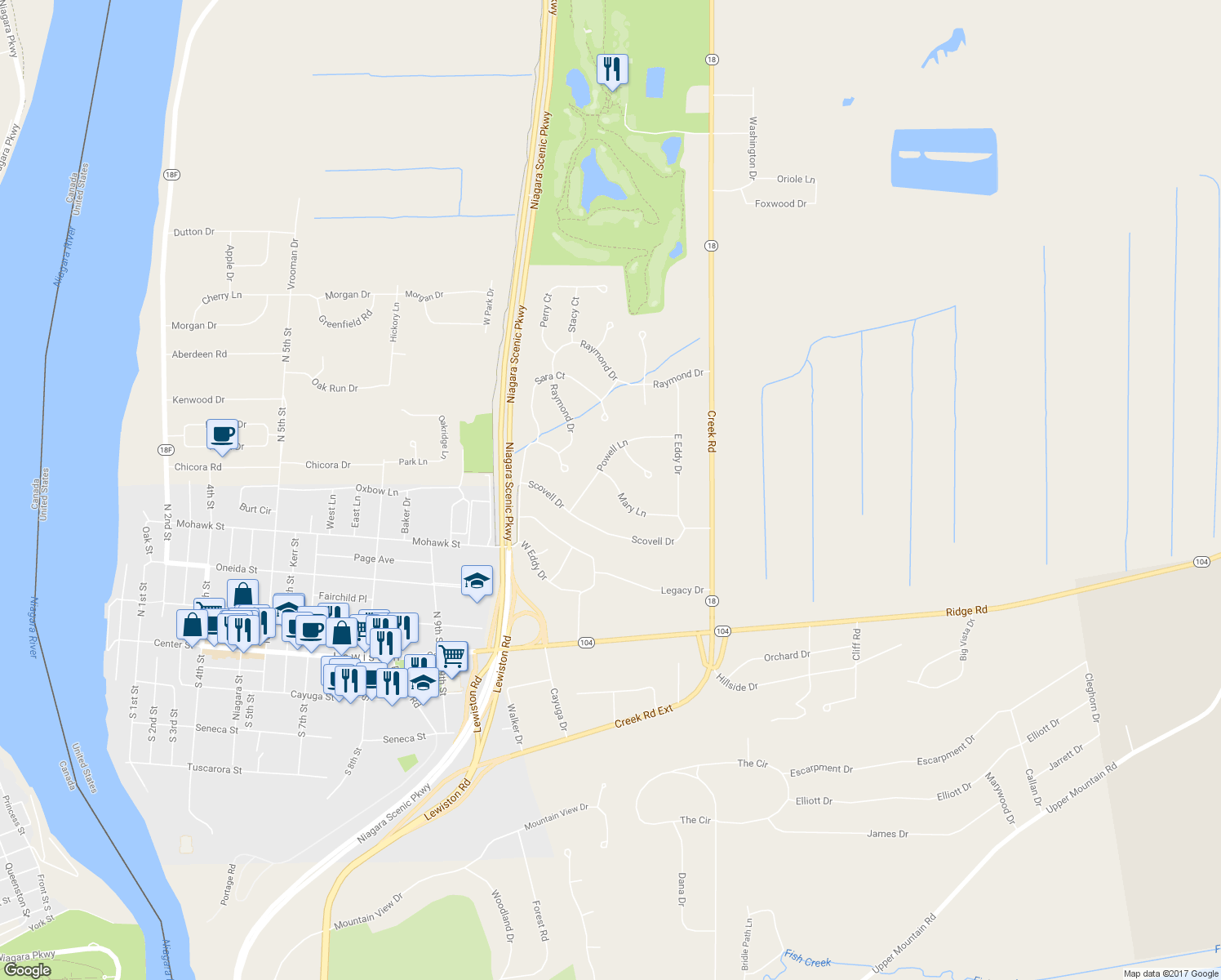 map of restaurants, bars, coffee shops, grocery stores, and more near 740 Mary Lane in Lewiston