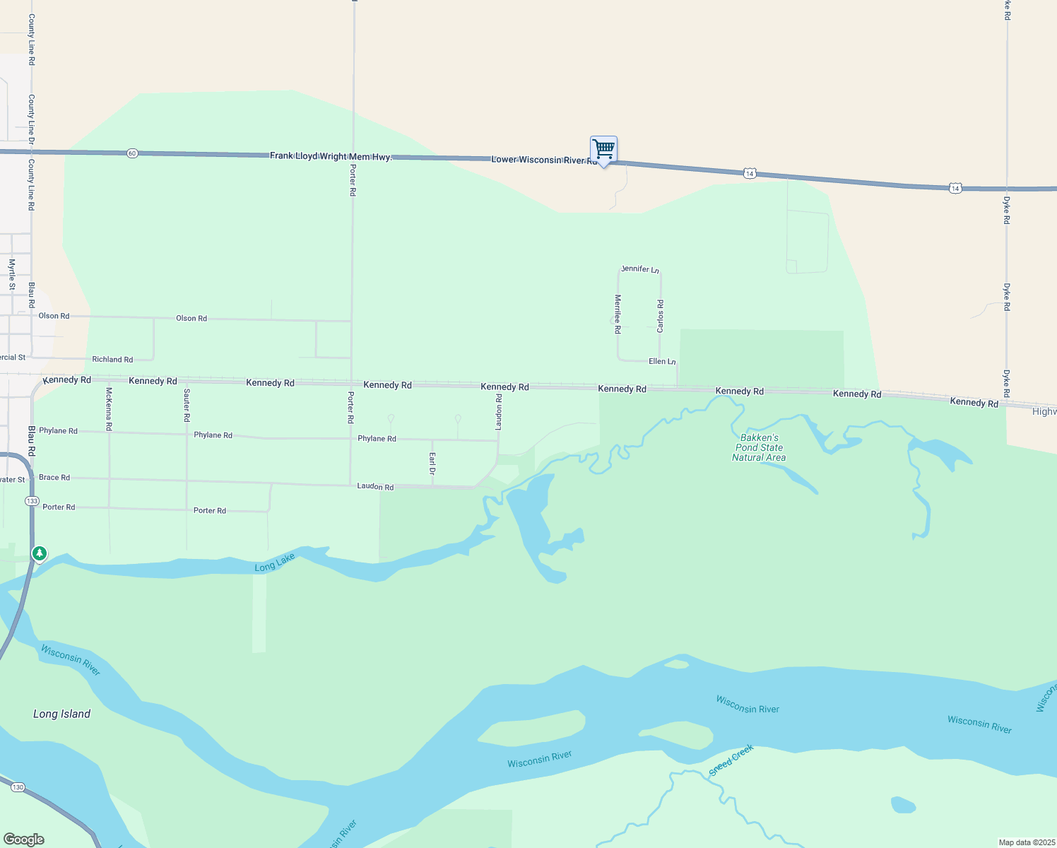 map of restaurants, bars, coffee shops, grocery stores, and more near E3166 Flowage Road in Lone Rock